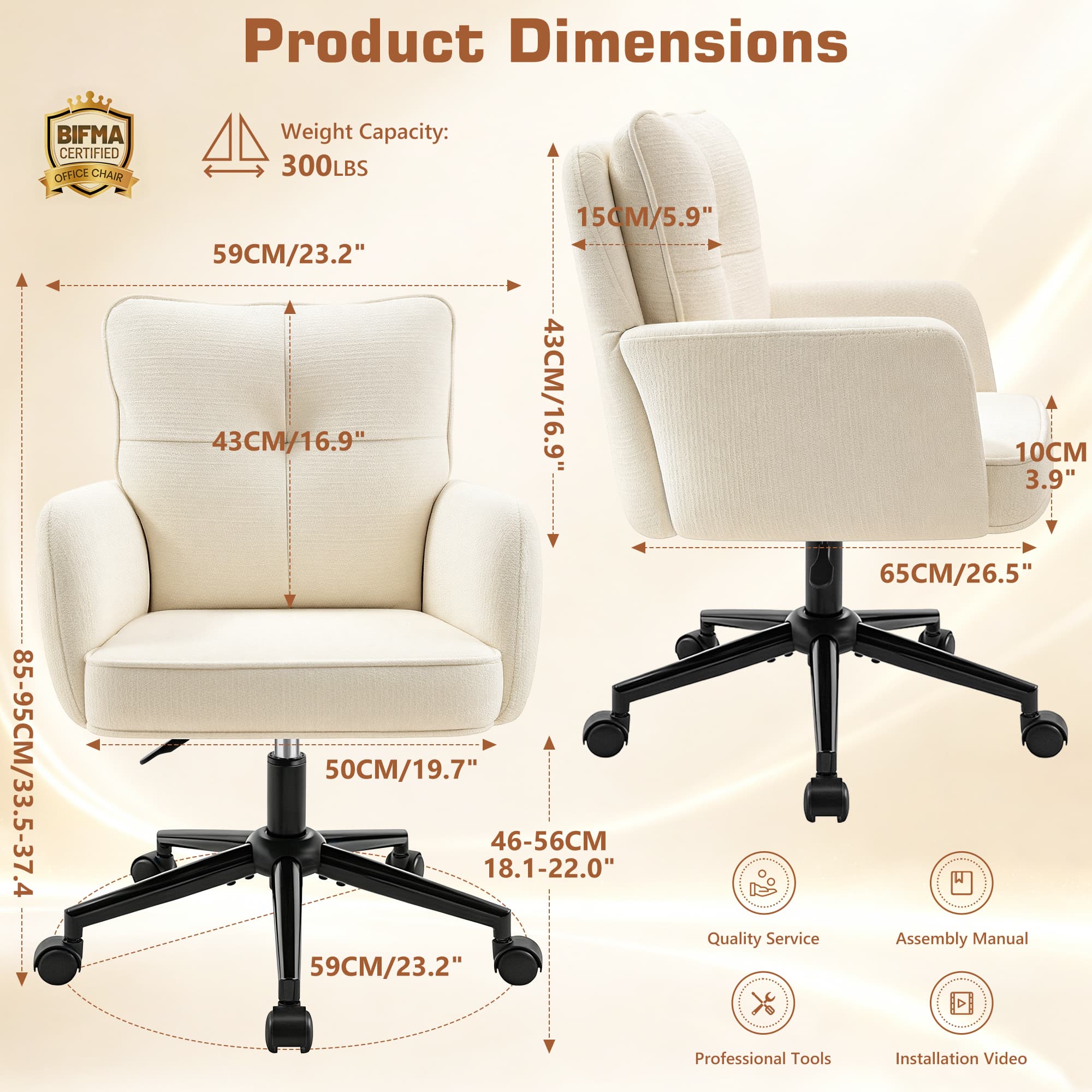 HeroSet Office Desk Chair with Padded, Vanity Chair with Back and Wheels, Comfy Home Office Chiar, Height Adjustable, Rolling Chair for Vanity Room, Makeup Room, Bedroom