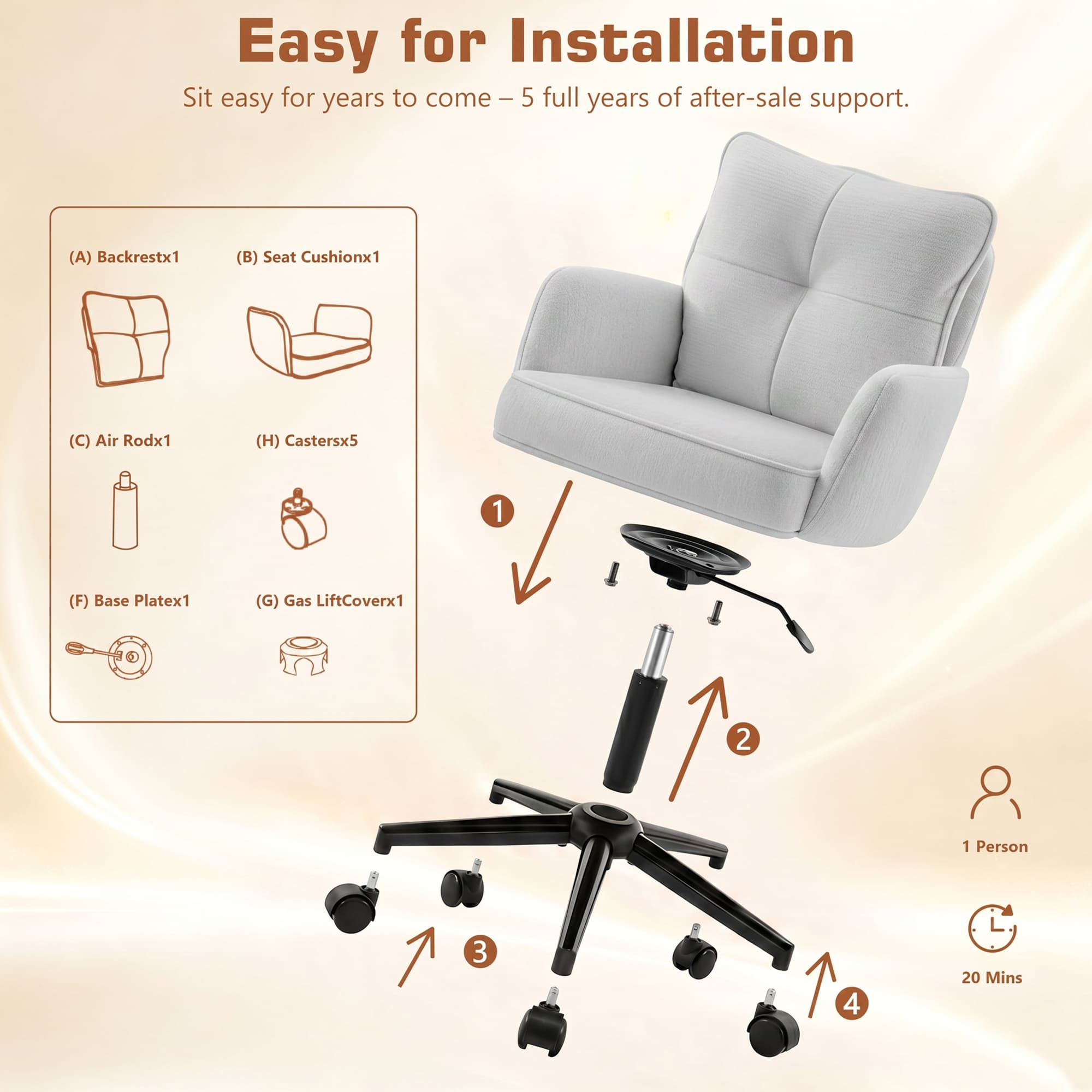 HeroSet Office Desk Chair with Padded, Vanity Chair with Back and Wheels, Comfy Home Office Chiar, Height Adjustable, Rolling Chair for Vanity Room, Makeup Room, Bedroom