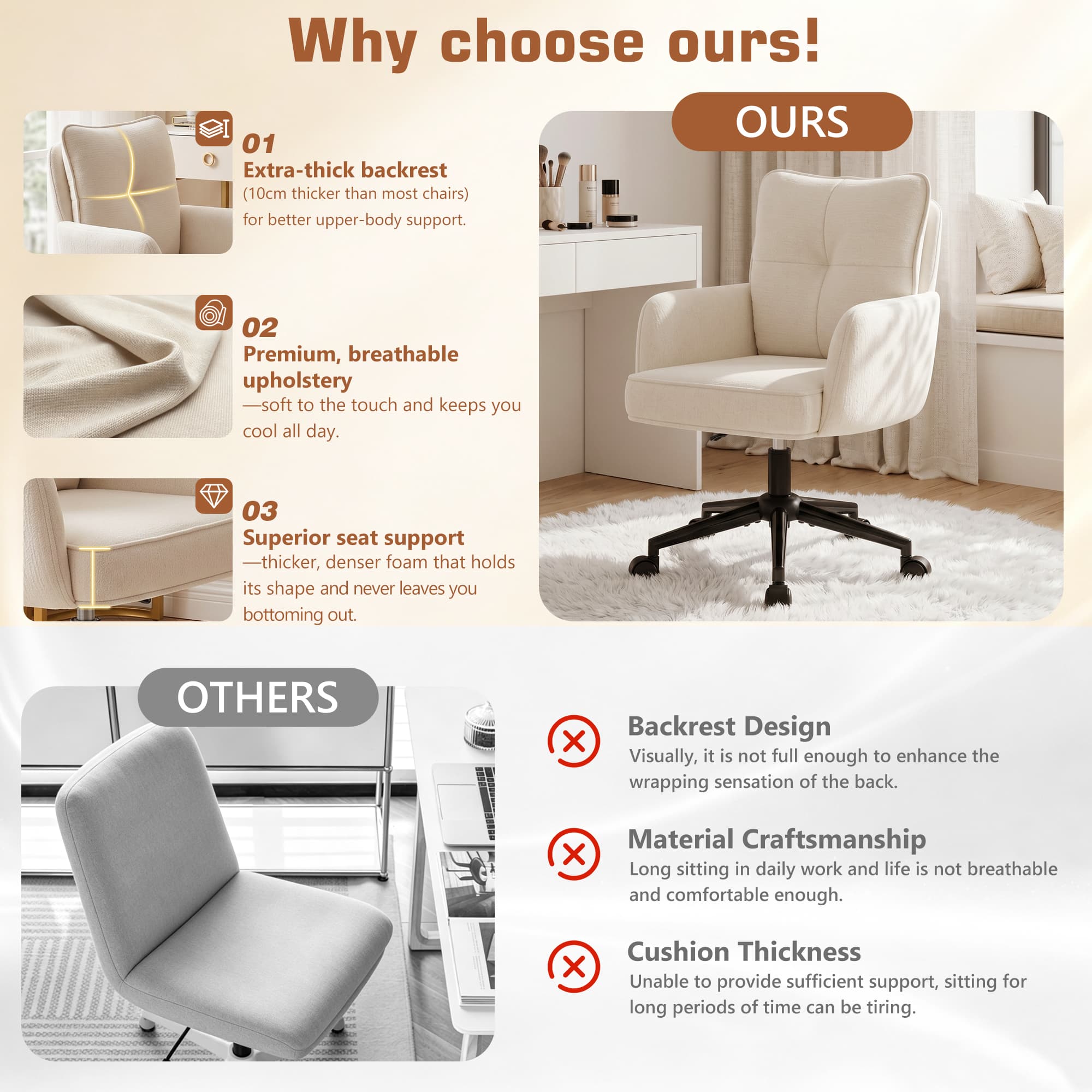 HeroSet Office Desk Chair with Padded, Vanity Chair with Back and Wheels, Comfy Home Office Chiar, Height Adjustable, Rolling Chair for Vanity Room, Makeup Room, Bedroom