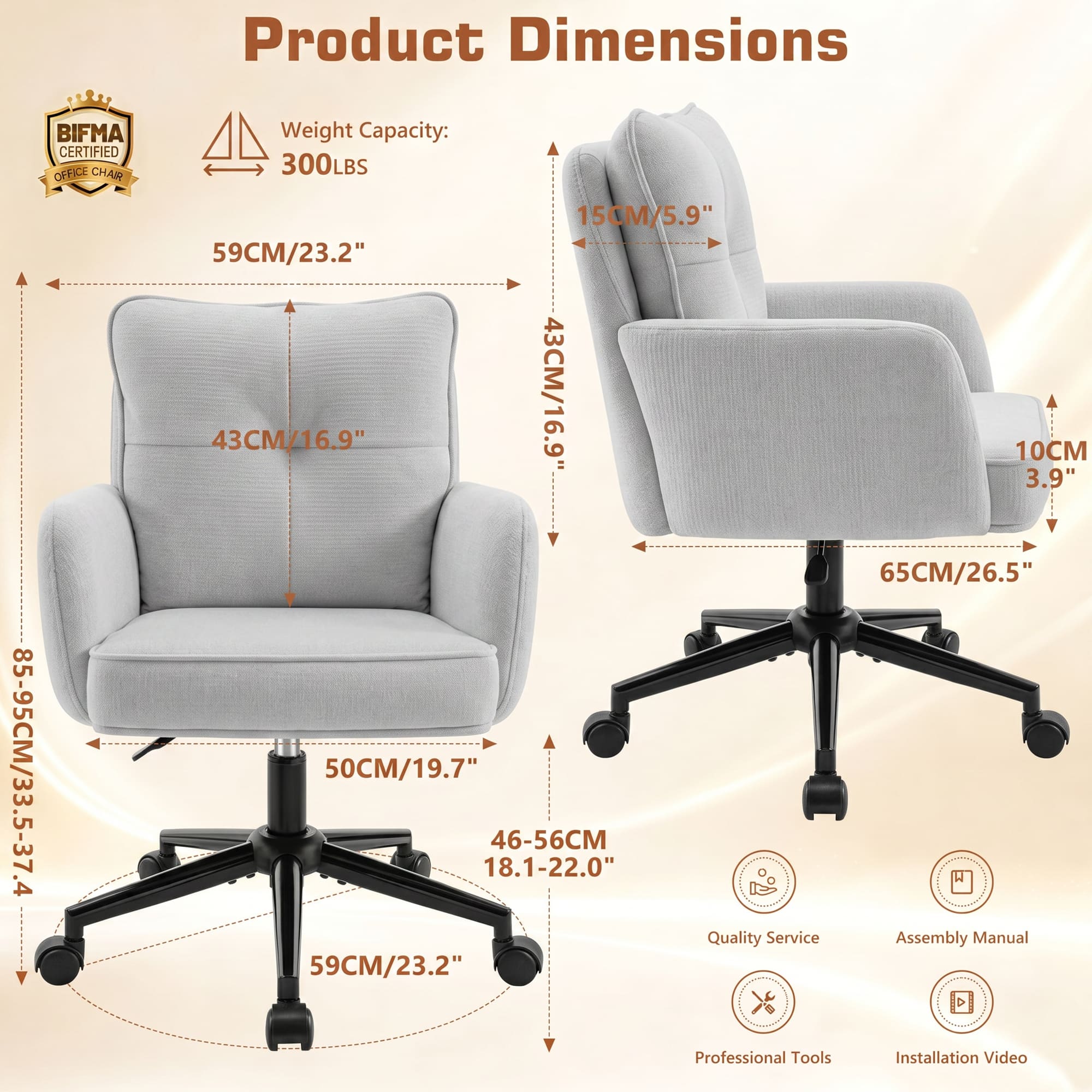 HeroSet Office Desk Chair with Padded, Vanity Chair with Back and Wheels, Comfy Home Office Chiar, Height Adjustable, Rolling Chair for Vanity Room, Makeup Room, Bedroom