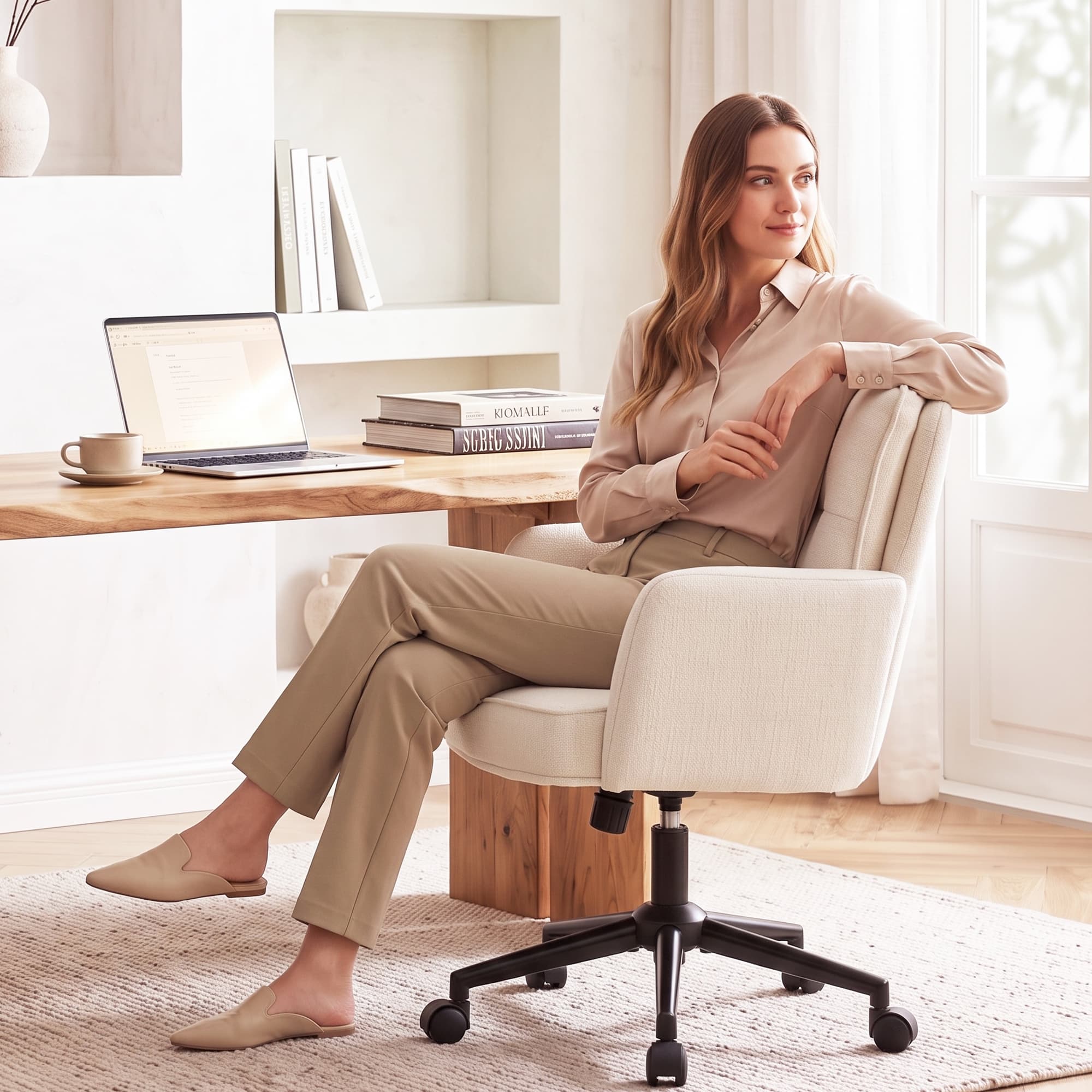 HeroSet Office Desk Chair with Padded, Vanity Chair with Back and Wheels, Comfy Home Office Chiar, Height Adjustable, Rolling Chair for Vanity Room, Makeup Room, Bedroom