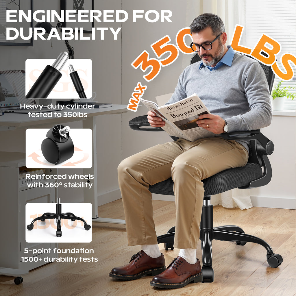 HeroSet Ergonomic Office Chair 2026 - Mesh Desk Chair with Flip-up Armrests, Adjustable Height and Lumbar, 360° Swivel Comfortable Computer Chairs for Home, Conference Room, Reception, Max 350lbs, Black