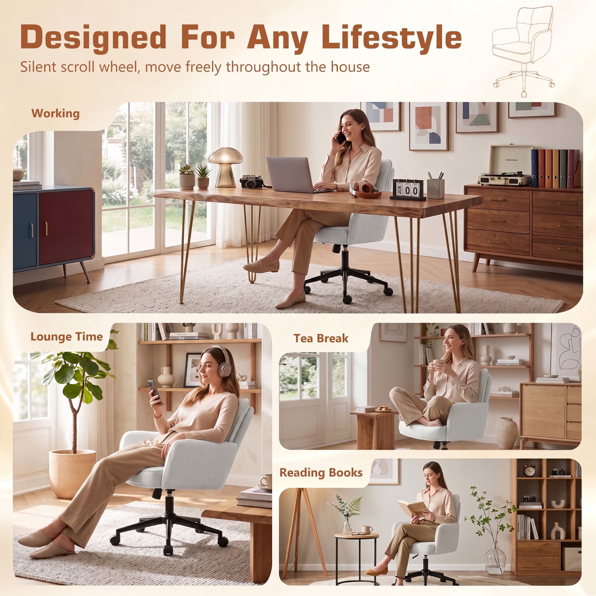 HeroSet Office Desk Chair with Padded, Vanity Chair with Back and Wheels, Comfy Home Office Chiar, Height Adjustable, Rolling Chair for Vanity Room, Makeup Room, Bedroom