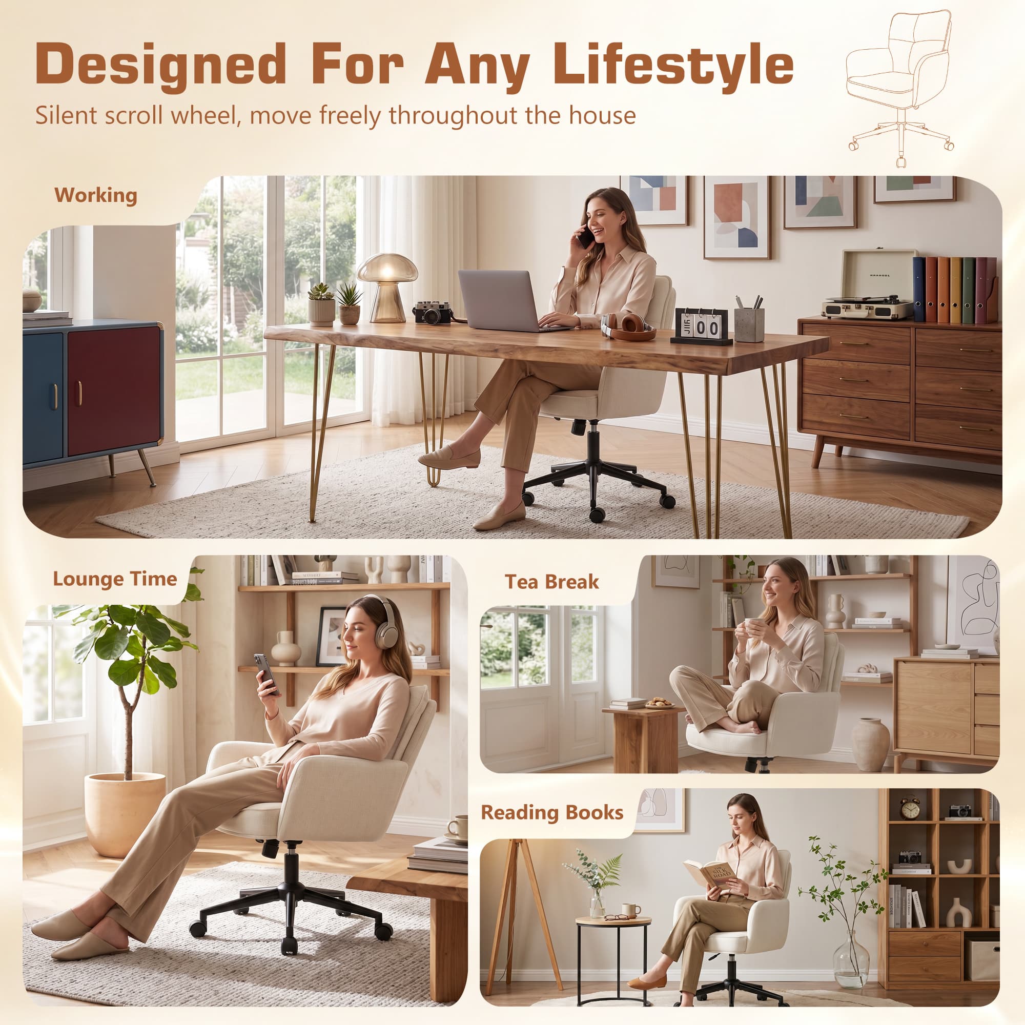 HeroSet Office Desk Chair with Padded, Vanity Chair with Back and Wheels, Comfy Home Office Chiar, Height Adjustable, Rolling Chair for Vanity Room, Makeup Room, Bedroom