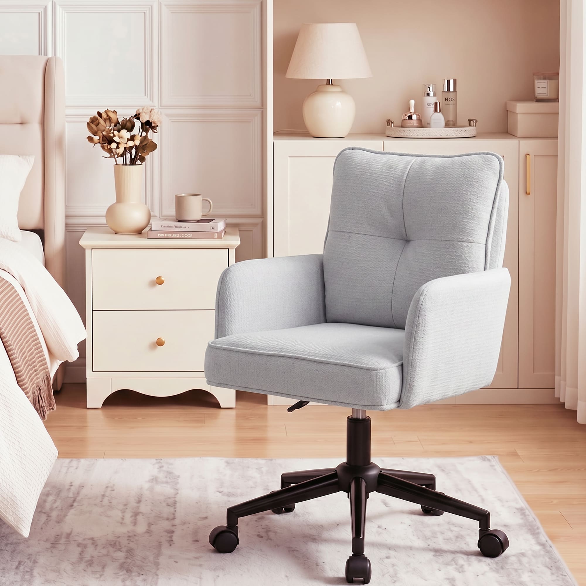 HeroSet Office Desk Chair with Padded, Vanity Chair with Back and Wheels, Comfy Home Office Chiar, Height Adjustable, Rolling Chair for Vanity Room, Makeup Room, Bedroom