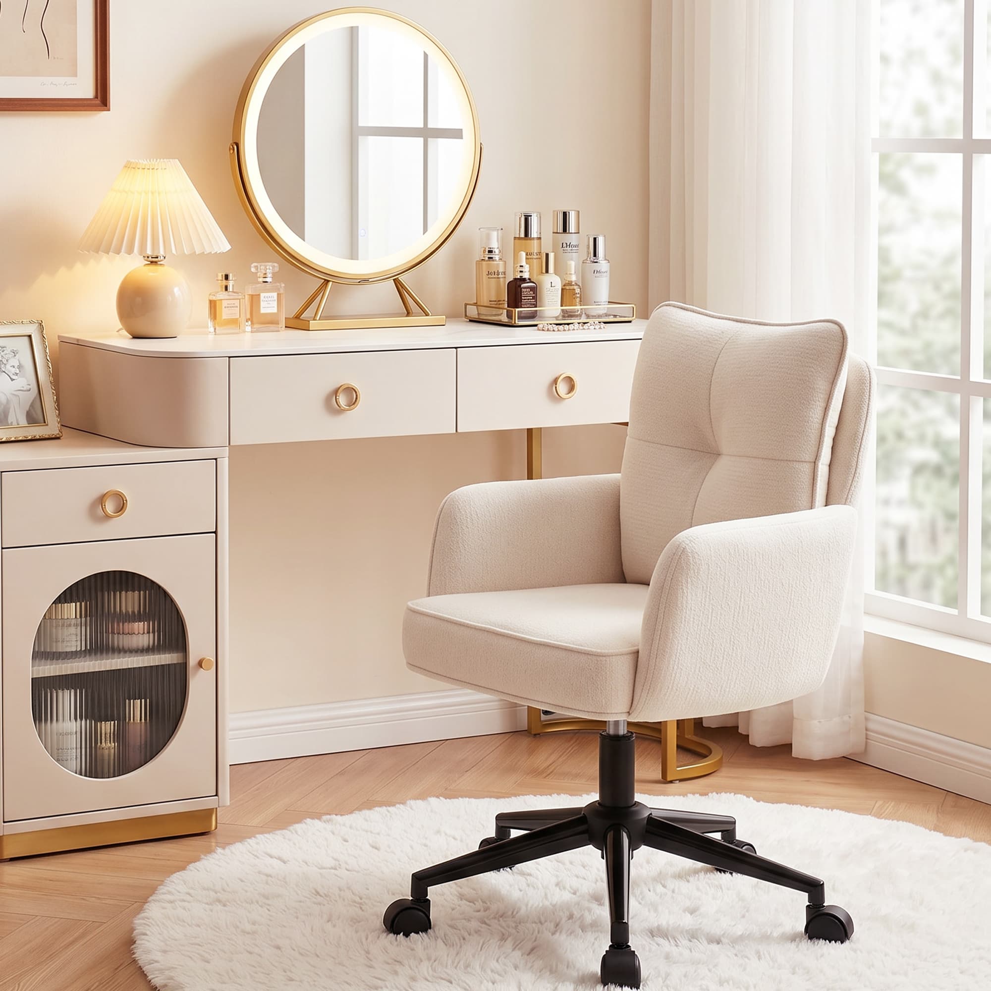 HeroSet Office Desk Chair with Padded, Vanity Chair with Back and Wheels, Comfy Home Office Chiar, Height Adjustable, Rolling Chair for Vanity Room, Makeup Room, Bedroom