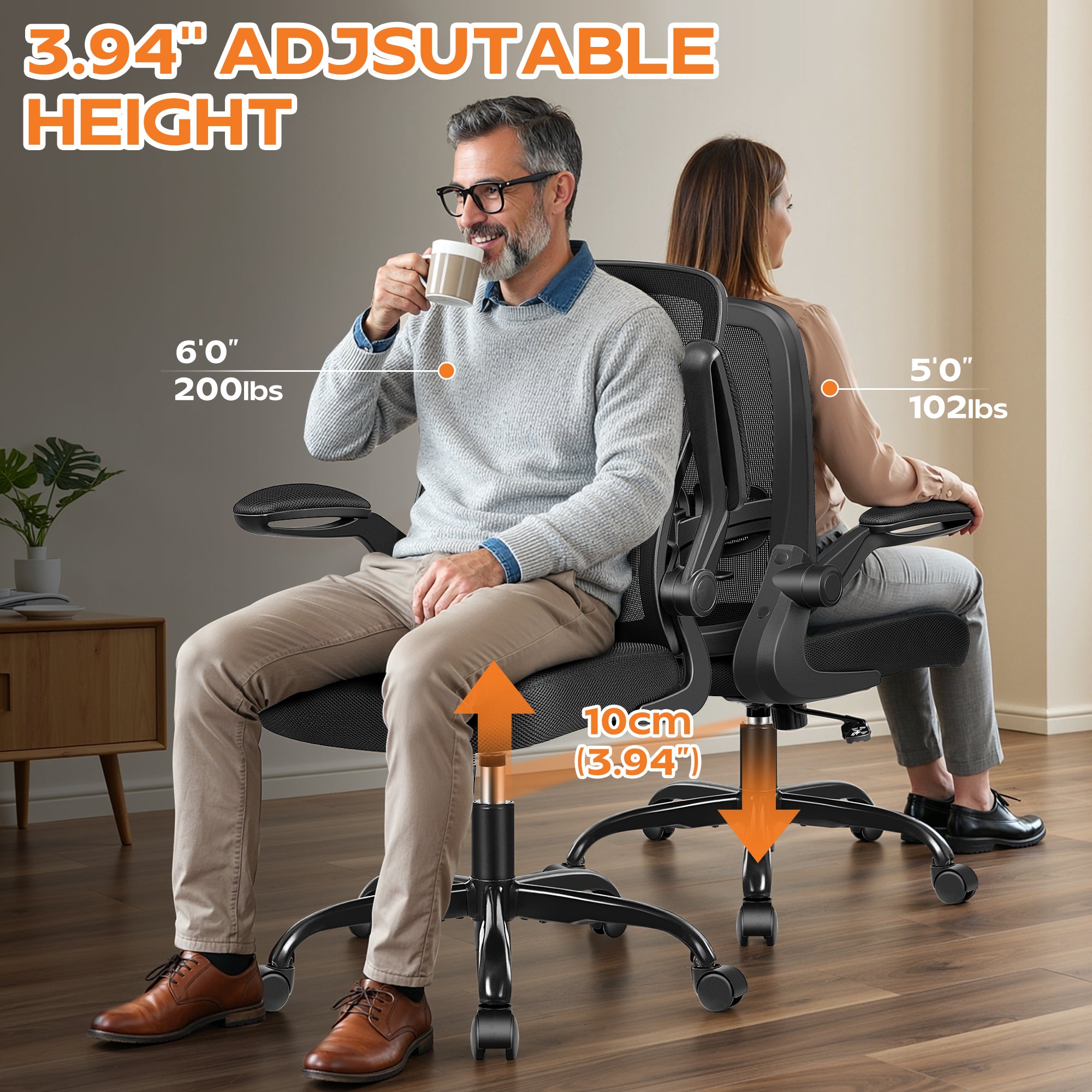 HeroSet Ergonomic Office Chair 2026 - Mesh Desk Chair with Flip-up Armrests, Adjustable Height and Lumbar, 360° Swivel Comfortable Computer Chairs for Home, Conference Room, Reception, Max 350lbs, Black