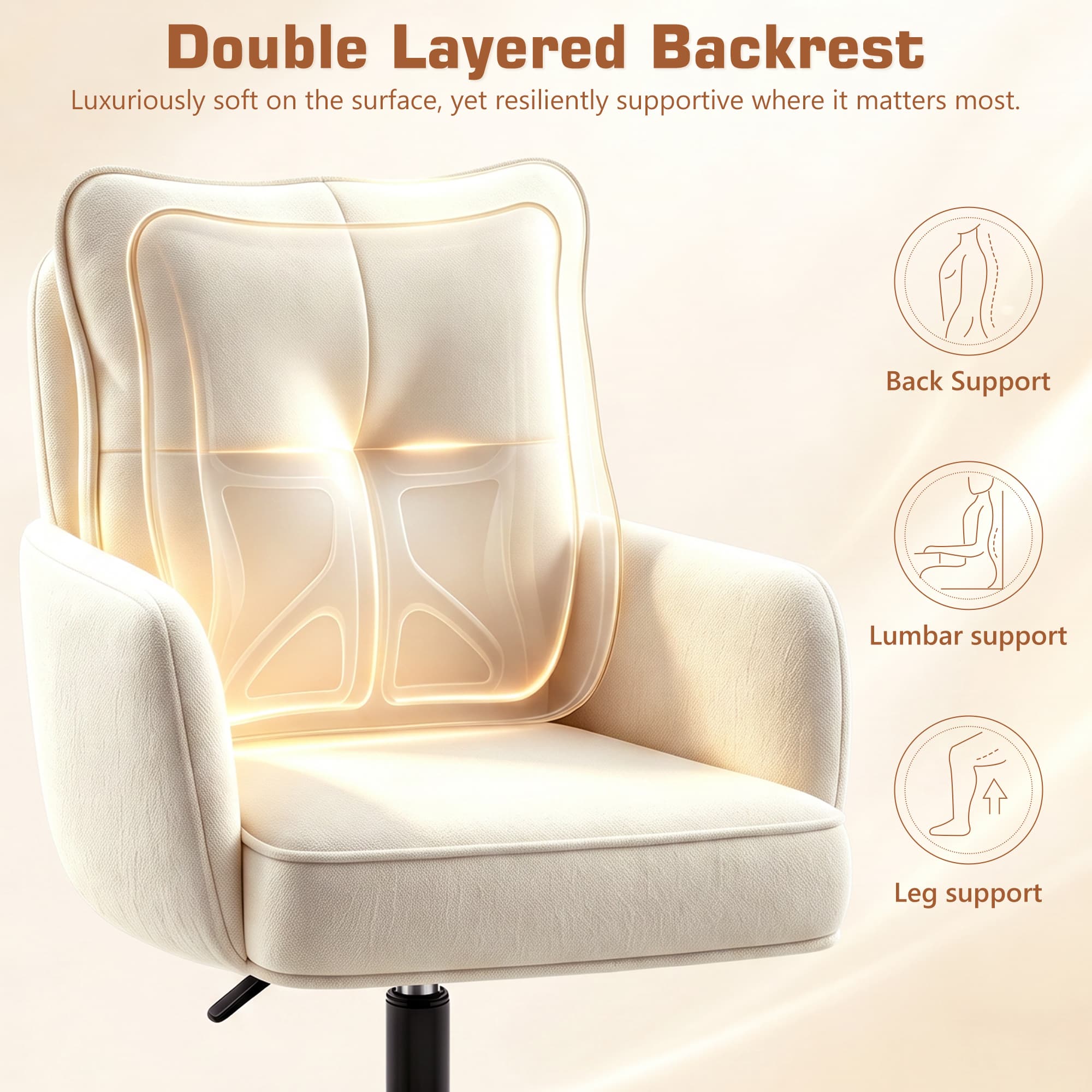 HeroSet Office Desk Chair with Padded, Vanity Chair with Back and Wheels, Comfy Home Office Chiar, Height Adjustable, Rolling Chair for Vanity Room, Makeup Room, Bedroom