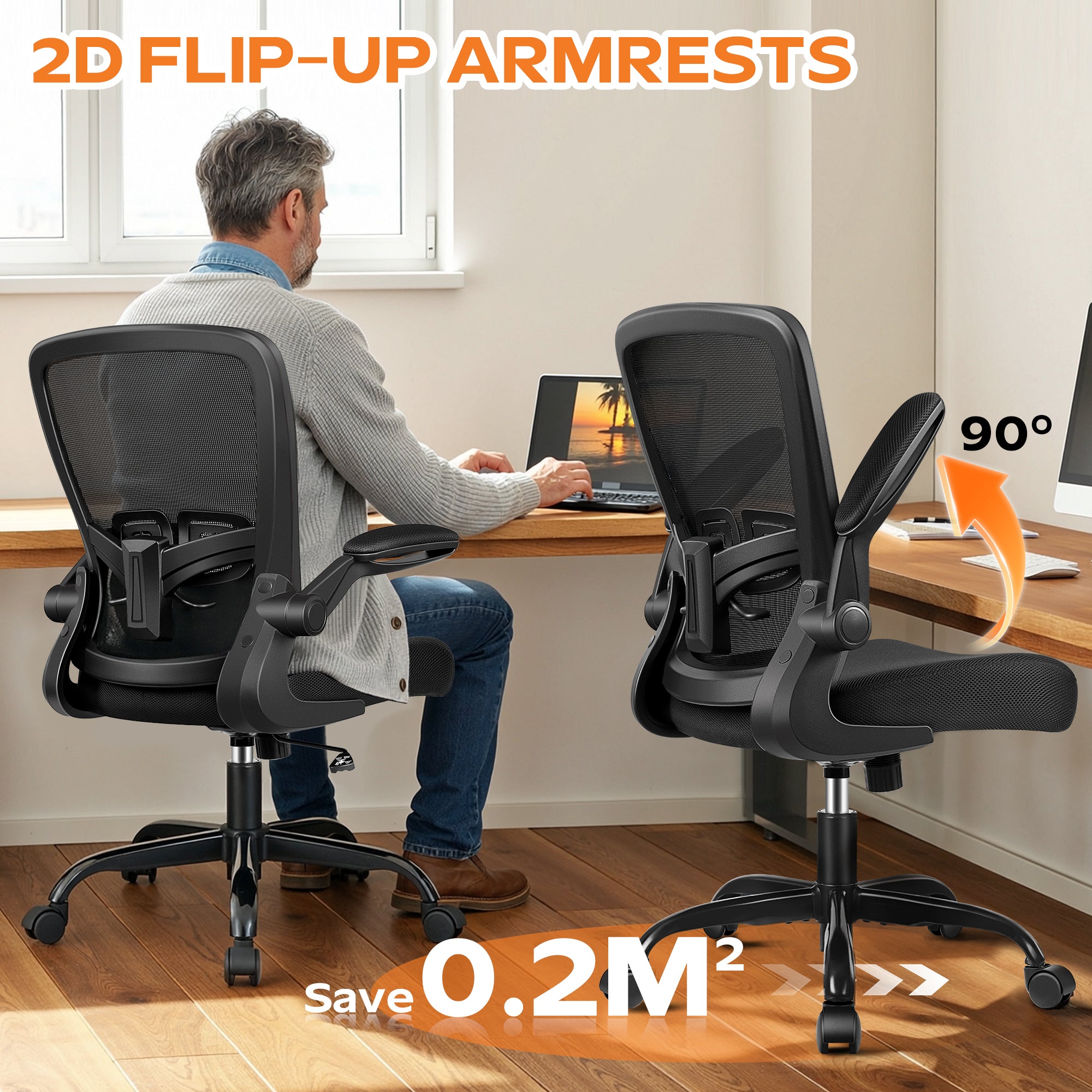 HeroSet Ergonomic Office Chair 2026 - Mesh Desk Chair with Flip-up Armrests, Adjustable Height and Lumbar, 360° Swivel Comfortable Computer Chairs for Home, Conference Room, Reception, Max 350lbs, Black