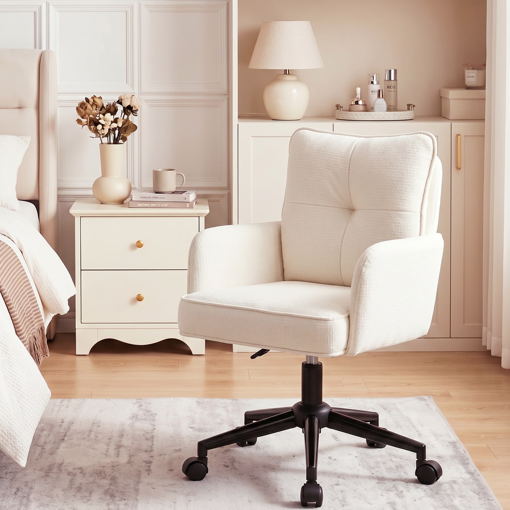 HeroSet Office Desk Chair with Padded, Vanity Chair with Back and Wheels, Comfy Home Office Chiar, Height Adjustable, Rolling Chair for Vanity Room, Makeup Room, Bedroom