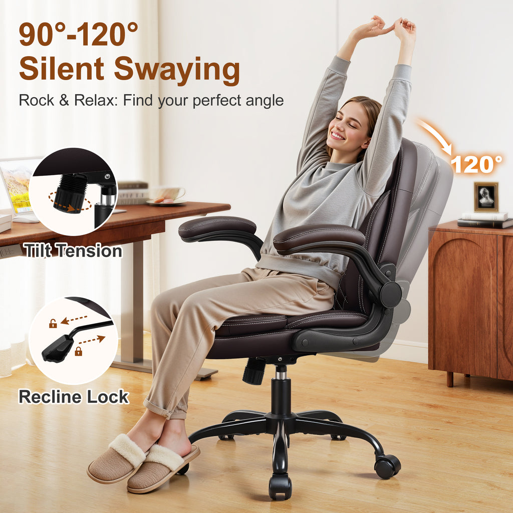 Leather Office Chair, PU Computer Desk Chairs with Upgraded Double-Layer Seat Cushion and Neckrest, 360°Swivel, Ergonomic Small Gaming Chair with Wheels and Adjustable Armrests, Dark Brown