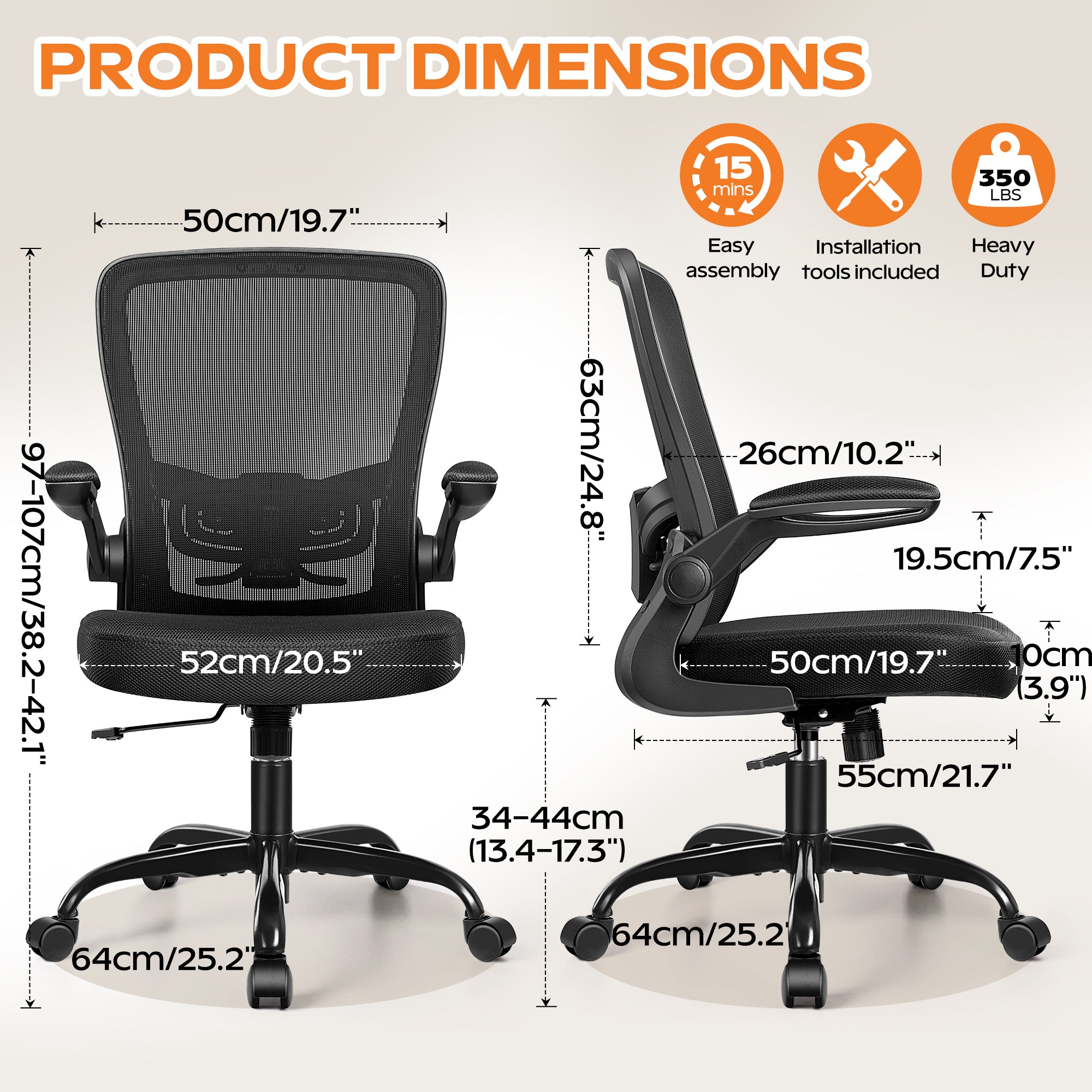 HeroSet Ergonomic Office Chair 2026 - Mesh Desk Chair with Flip-up Armrests, Adjustable Height and Lumbar, 360° Swivel Comfortable Computer Chairs for Home, Conference Room, Reception, Max 350lbs, Black