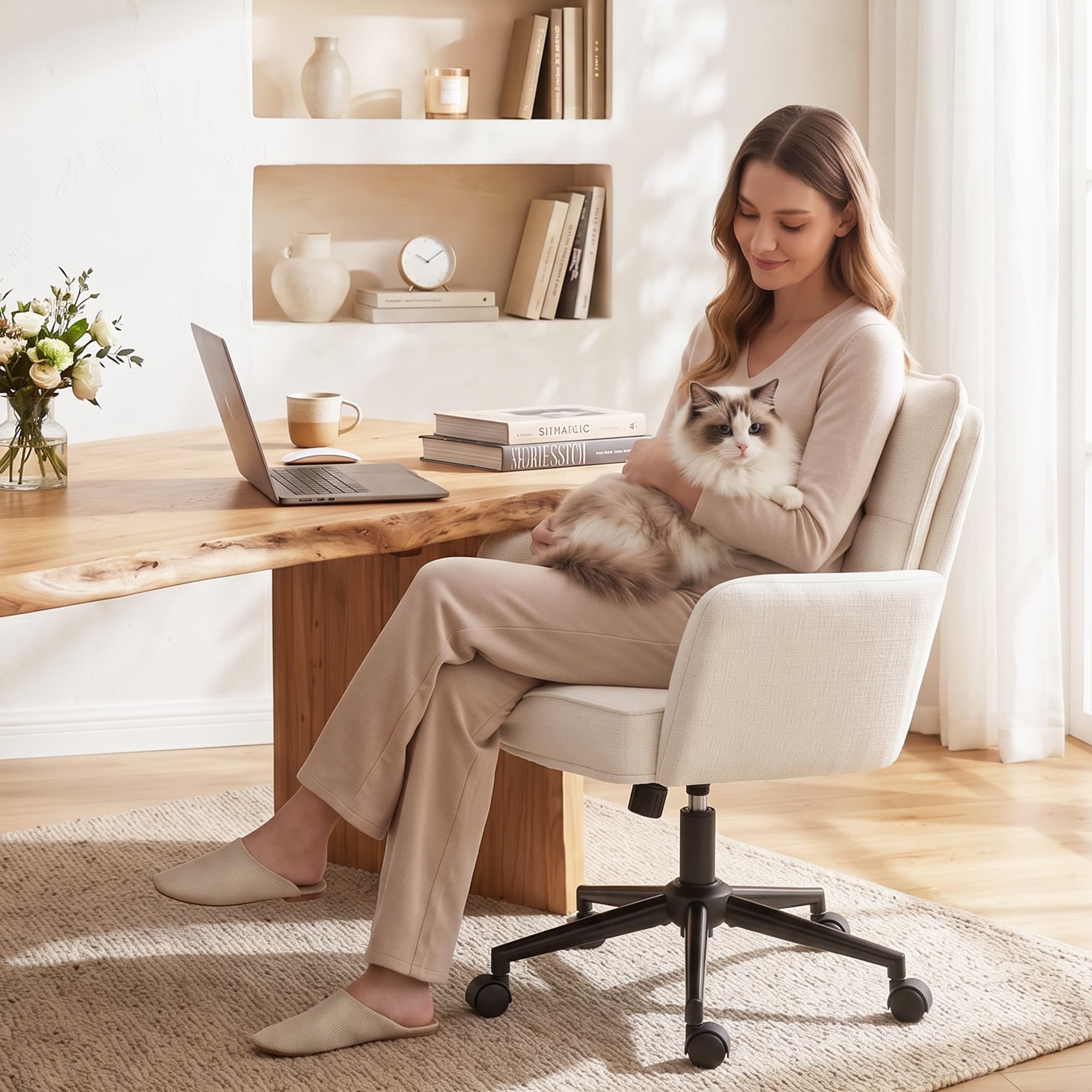 HeroSet Office Desk Chair with Padded, Vanity Chair with Back and Wheels, Comfy Home Office Chiar, Height Adjustable, Rolling Chair for Vanity Room, Makeup Room, Bedroom