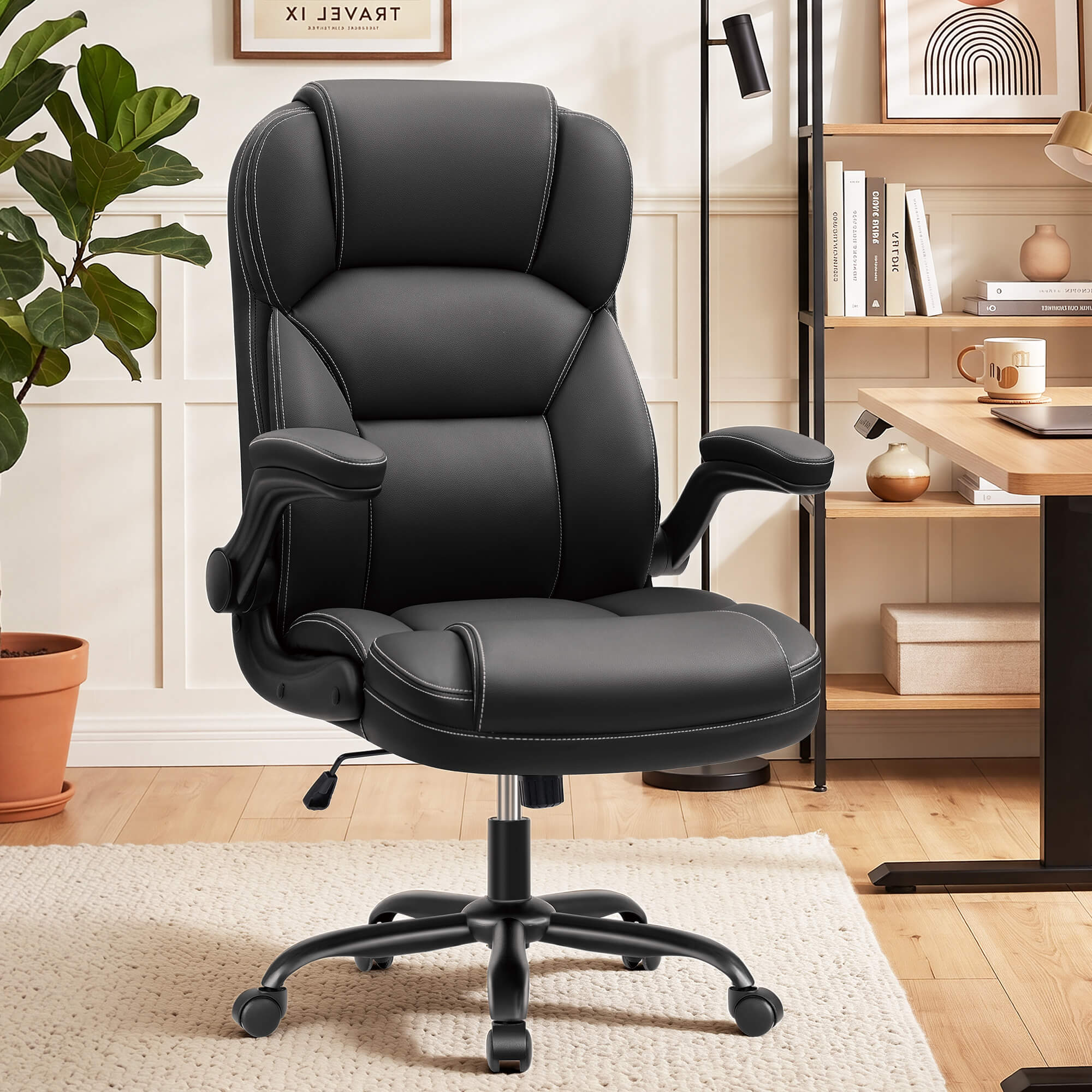 HeroSet High Back PU Leather Office Chair with 90° Flip-Up Arms – Ergonomic Desk Chair for Home Office, Computer Desk Chair with Adjustable Height