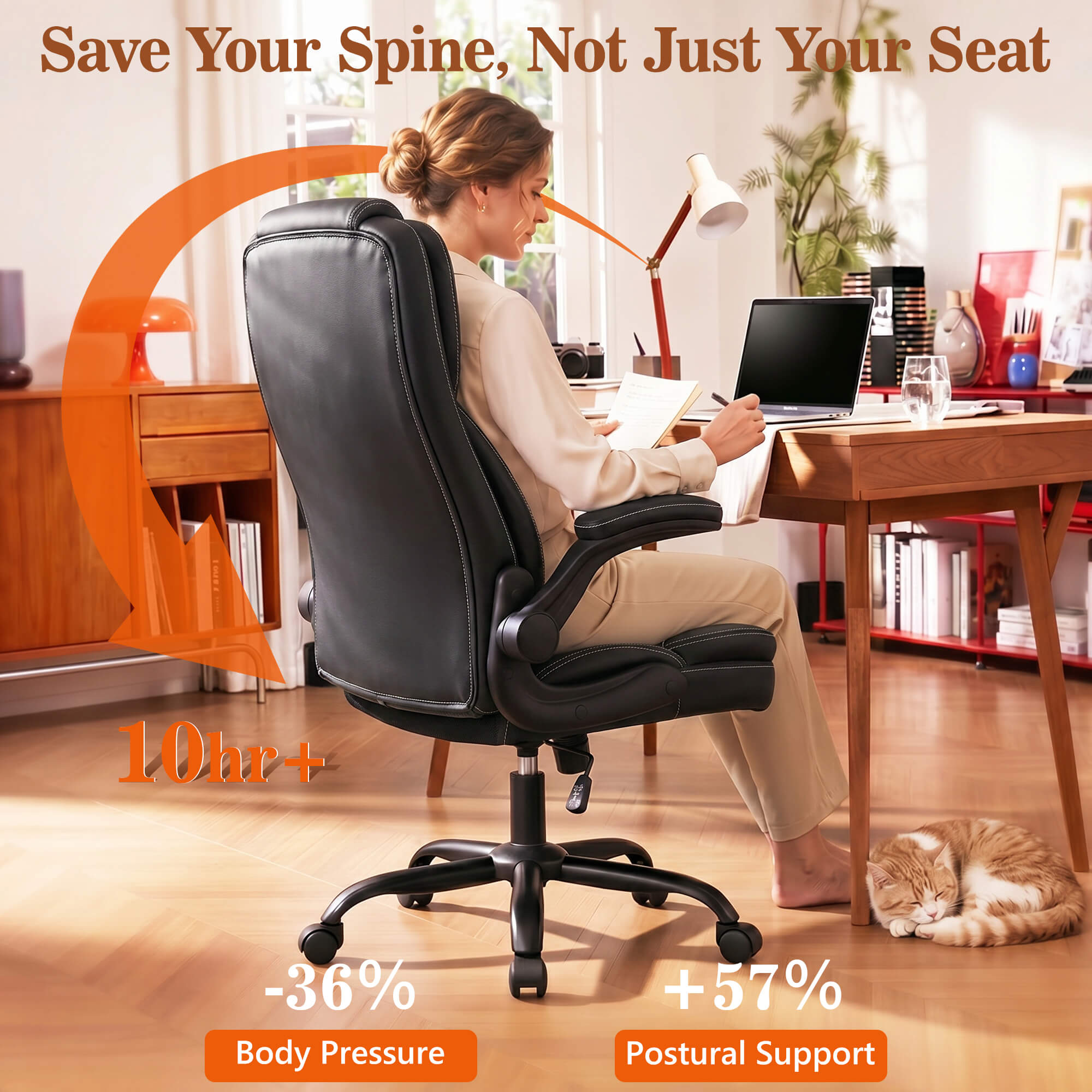 HeroSet High Back PU Leather Office Chair with 90° Flip-Up Arms – Ergonomic Desk Chair for Home Office, Computer Desk Chair with Adjustable Height