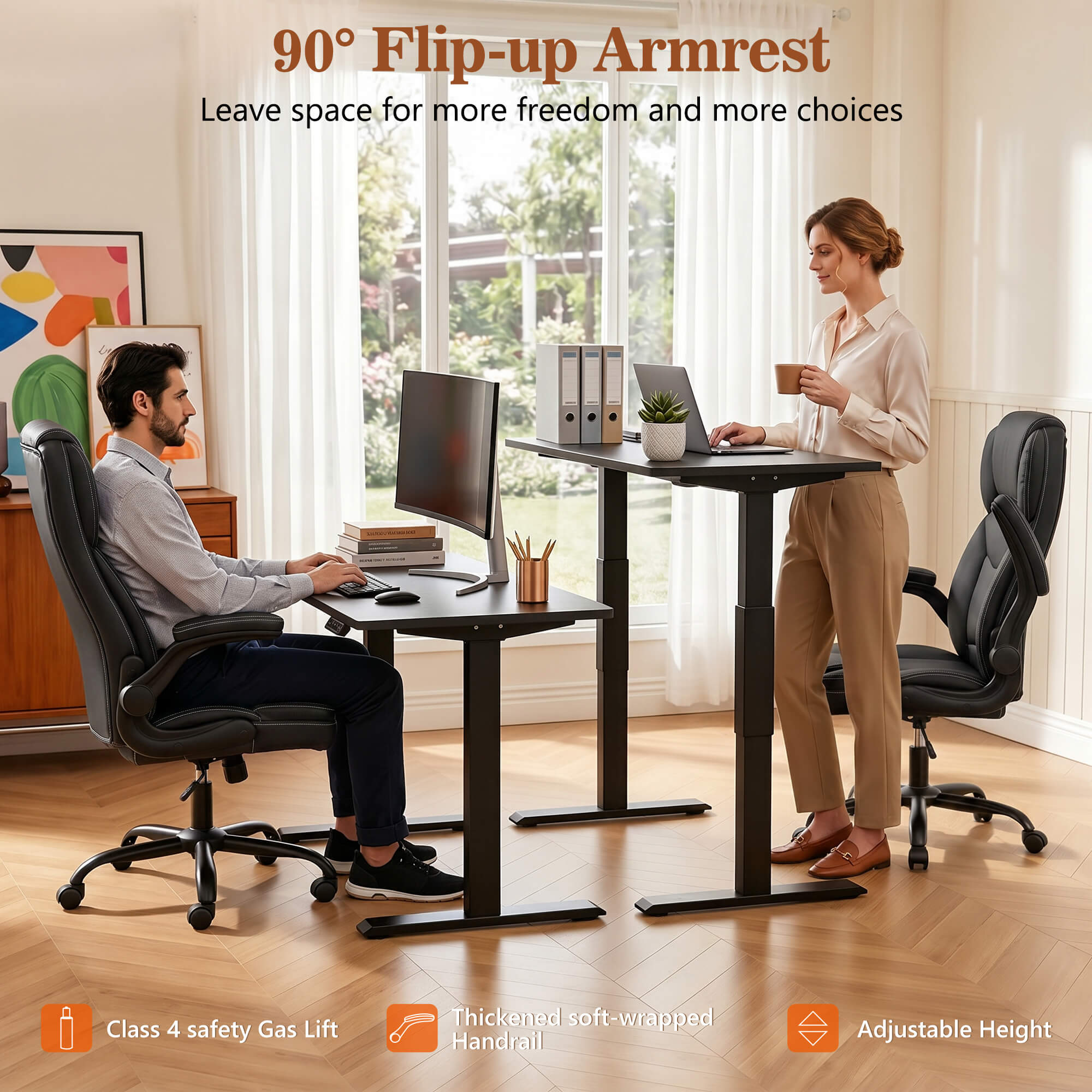 HeroSet High Back PU Leather Office Chair with 90° Flip-Up Arms – Ergonomic Desk Chair for Home Office, Computer Desk Chair with Adjustable Height