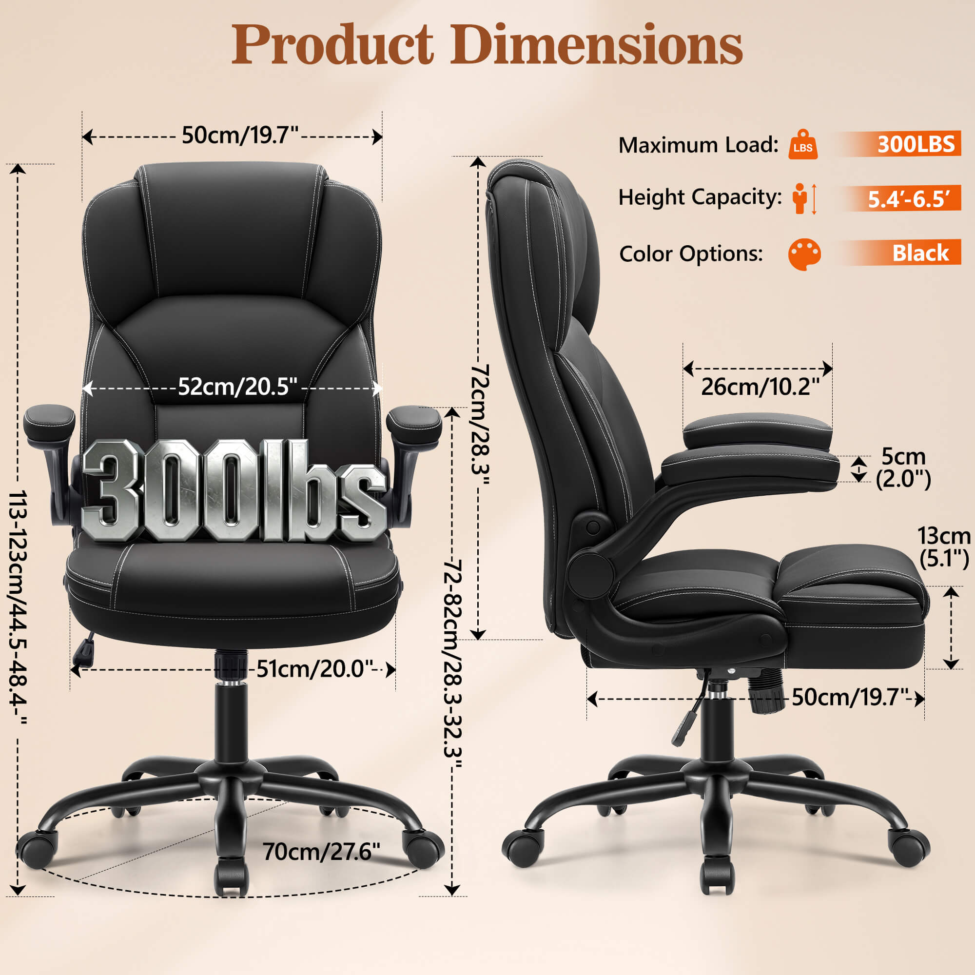 HeroSet High Back PU Leather Office Chair with 90° Flip-Up Arms – Ergonomic Desk Chair for Home Office, Computer Desk Chair with Adjustable Height