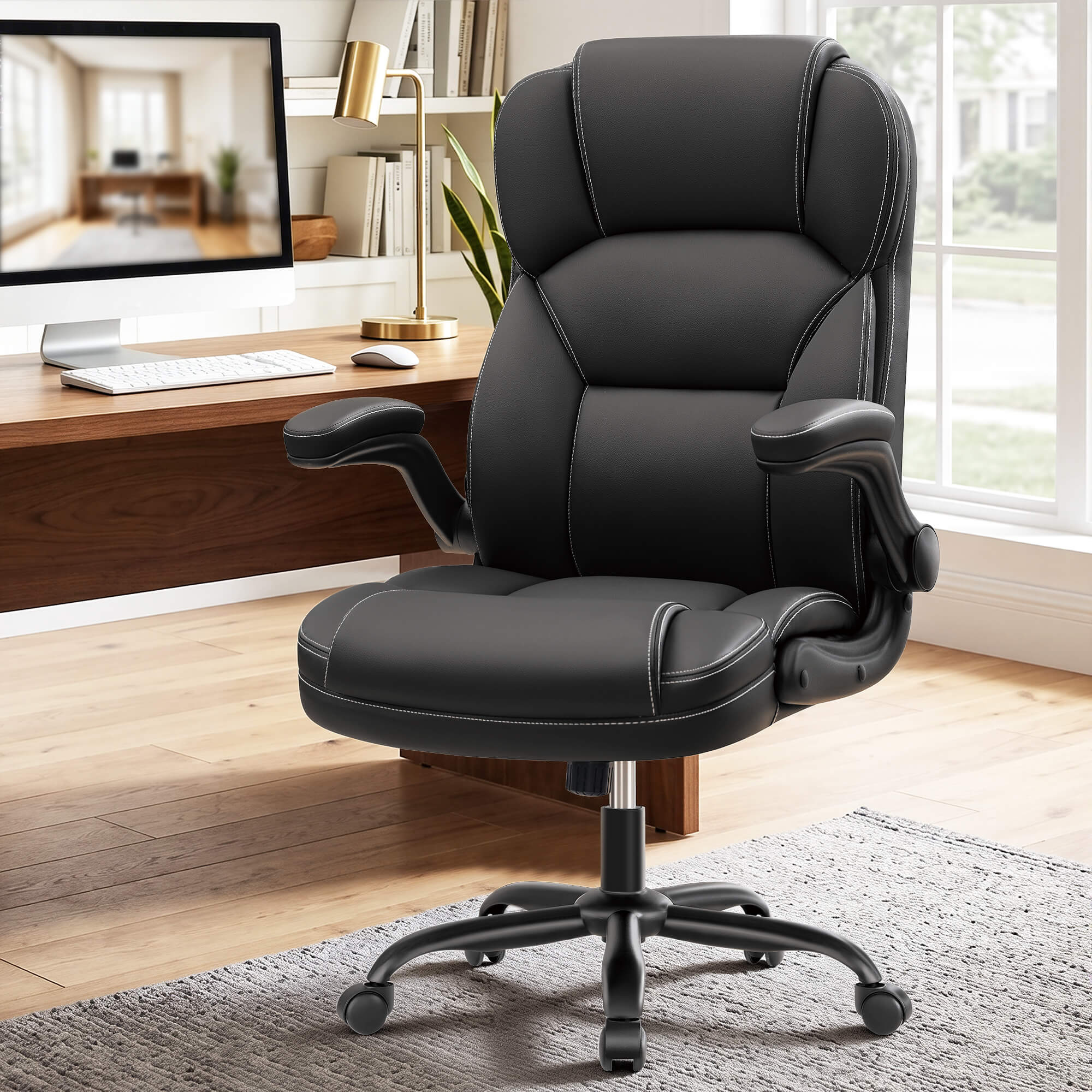 HeroSet High Back PU Leather Office Chair with 90° Flip-Up Arms – Ergonomic Desk Chair for Home Office, Computer Desk Chair with Adjustable Height