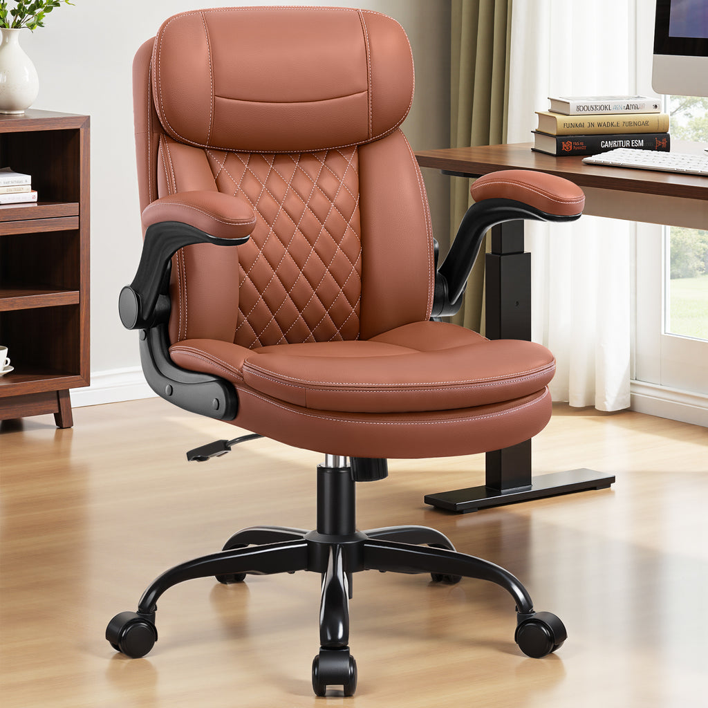 Leather Office Chair, Upgraded Double-Layer Seat Cushion and Neckrest PU Computer Desk Chairs, 360°Swivel, Ergonomic Small Gaming Chair with Wheels and Adjustable Armrests for Short People, Brown