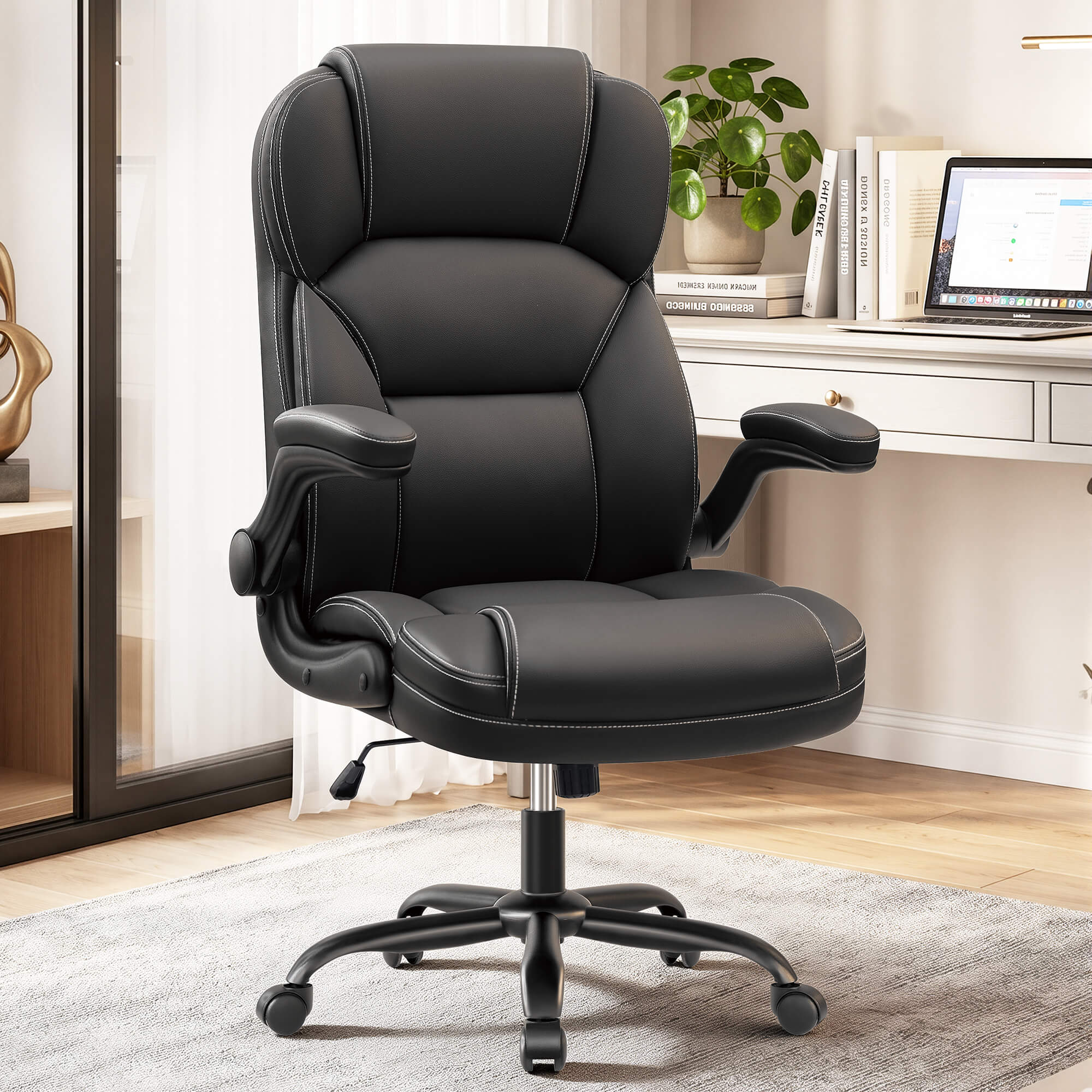 HeroSet High Back PU Leather Office Chair with 90° Flip-Up Arms – Ergonomic Desk Chair for Home Office, Computer Desk Chair with Adjustable Height
