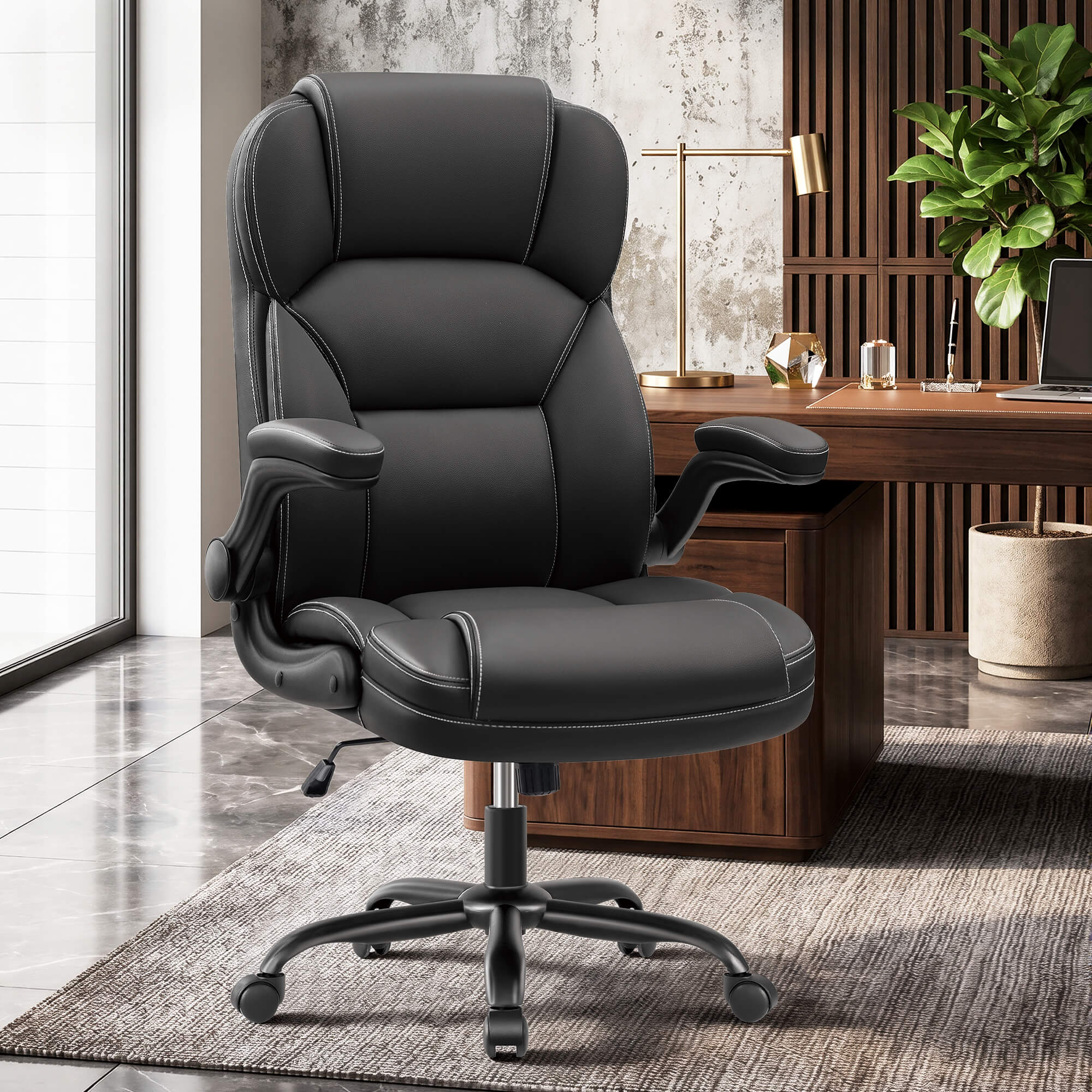 HeroSet High Back PU Leather Office Chair with 90° Flip-Up Arms – Ergonomic Desk Chair for Home Office, Computer Desk Chair with Adjustable Height