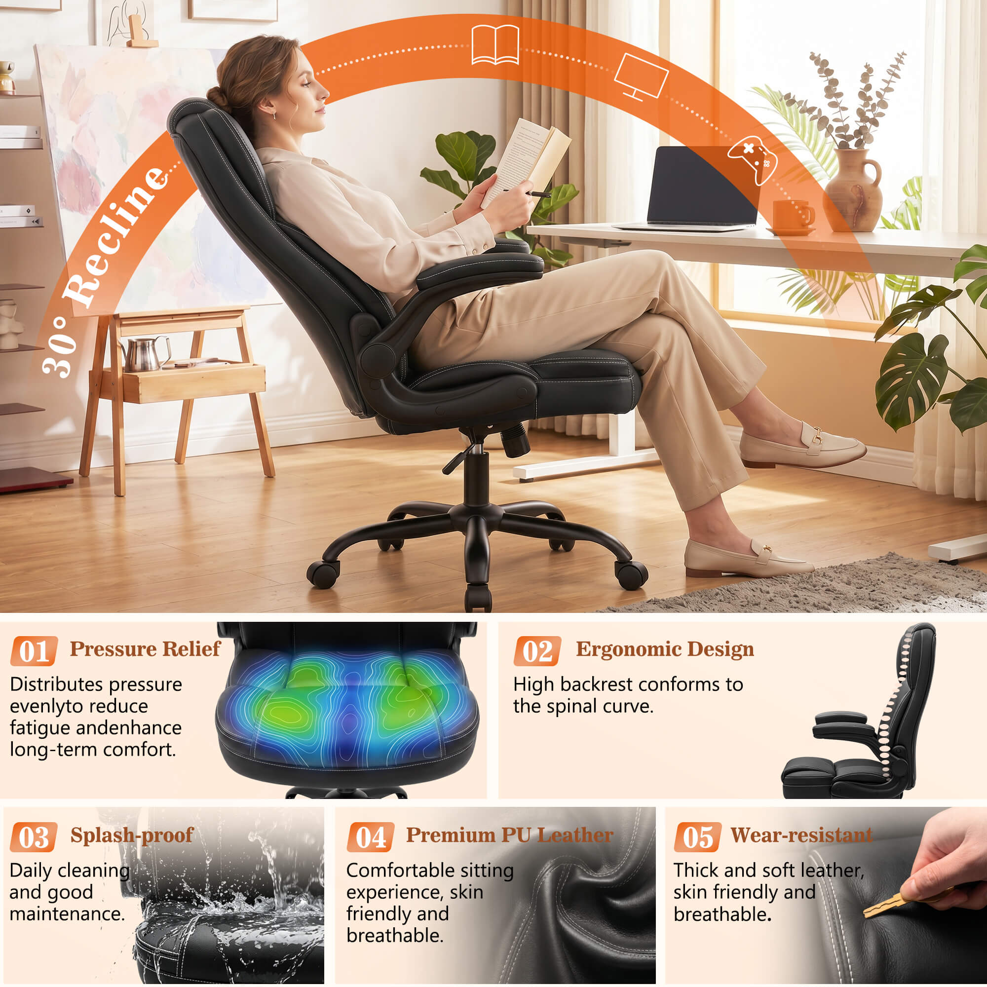 HeroSet High Back PU Leather Office Chair with 90° Flip-Up Arms – Ergonomic Desk Chair for Home Office, Computer Desk Chair with Adjustable Height