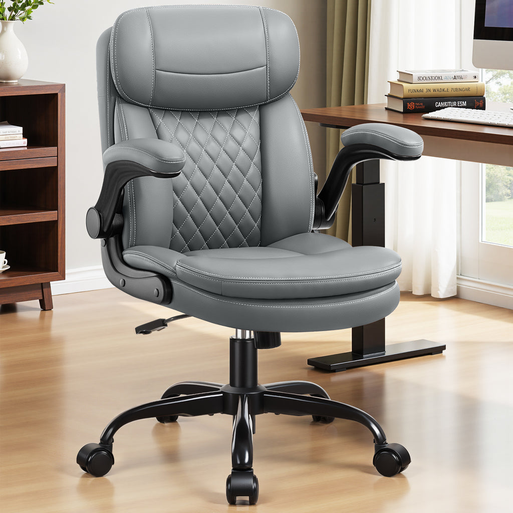 Leather Office Chair, Upgraded PU Computer Desk Chairs with Double-Layer Seat Cushion and Neckrest, 360°Swivel, Ergonomic Small Gaming Chair with Wheels and Adjustable Armrests for Short People, Grey