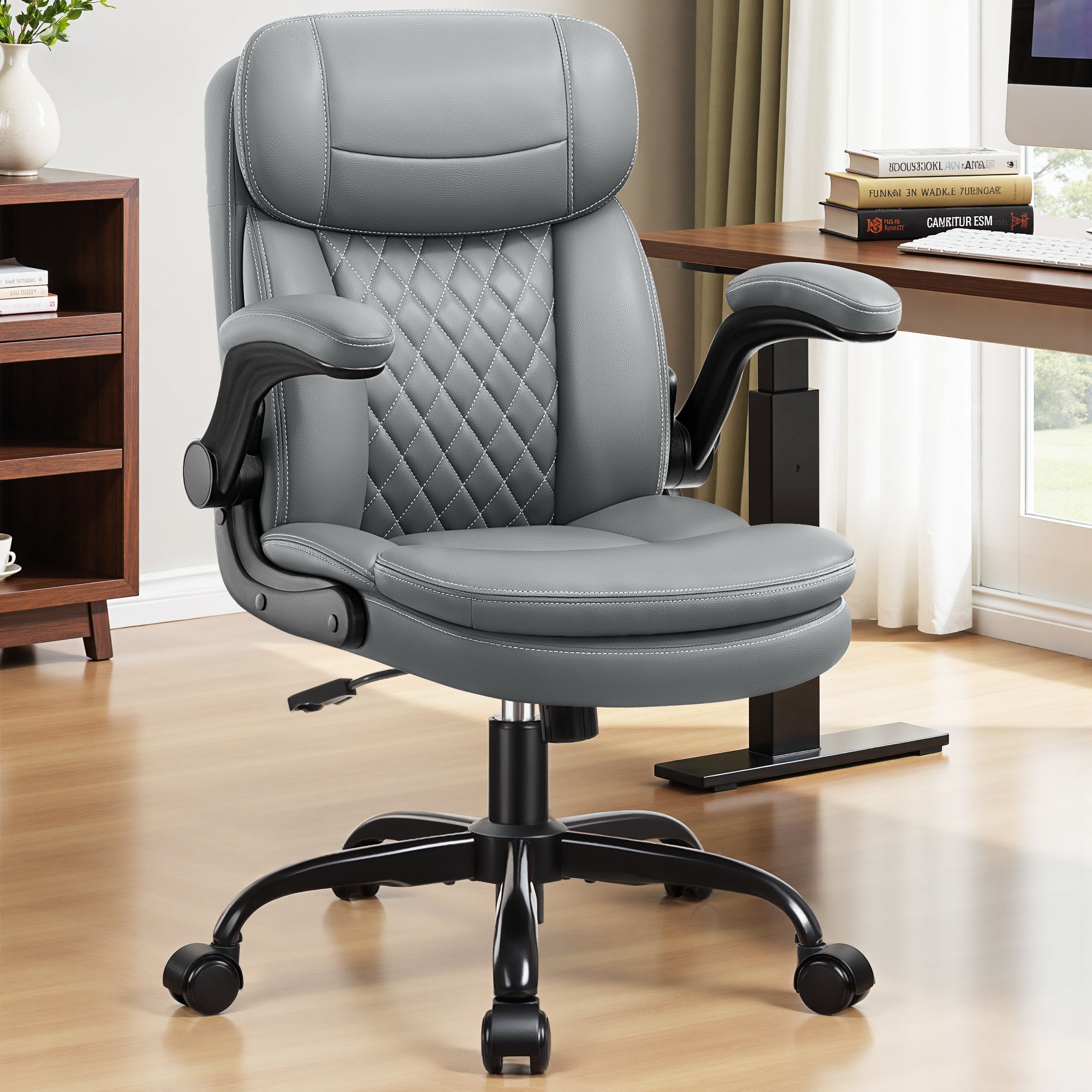 Leather Office Chair, Upgraded PU Computer Desk Chairs with Double-Layer Seat Cushion and Neckrest, 360°Swivel, Ergonomic Small Gaming Chair with Wheels and Adjustable Armrests for Short People, Grey