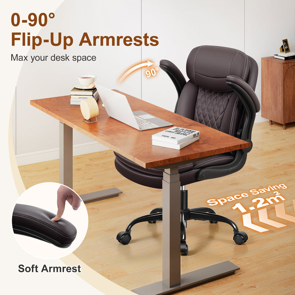 Leather Office Chair, PU Computer Desk Chairs with Upgraded Double-Layer Seat Cushion and Neckrest, 360°Swivel, Ergonomic Small Gaming Chair with Wheels and Adjustable Armrests, Dark Brown