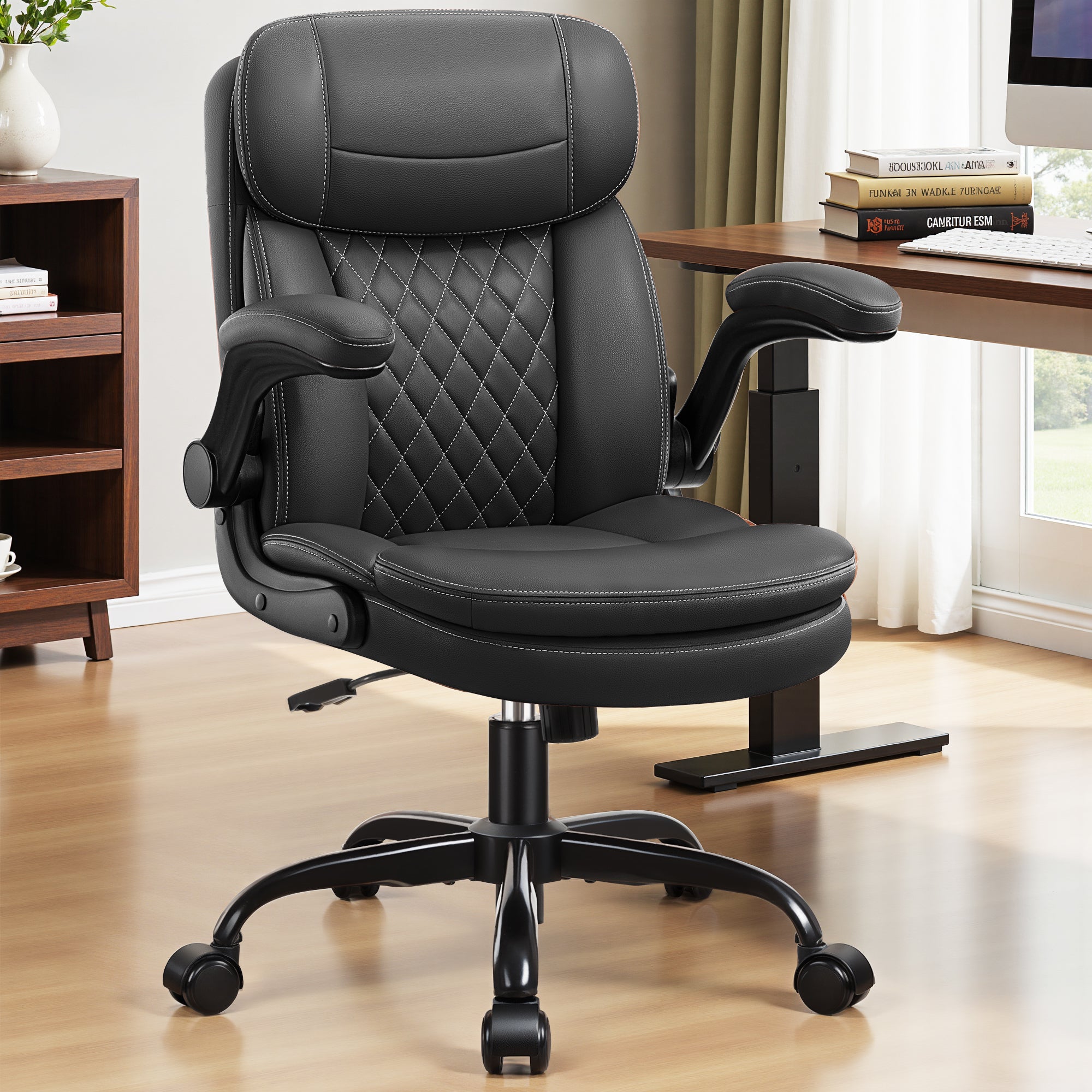 Leather Office Chair, Upgraded PU Computer Desk Chairs with Double-Layer Seat Cushion and Neckrest, 360°Swivel, Ergonomic Small Gaming Chair with Wheels and Adjustable Armrests for Short People, Black