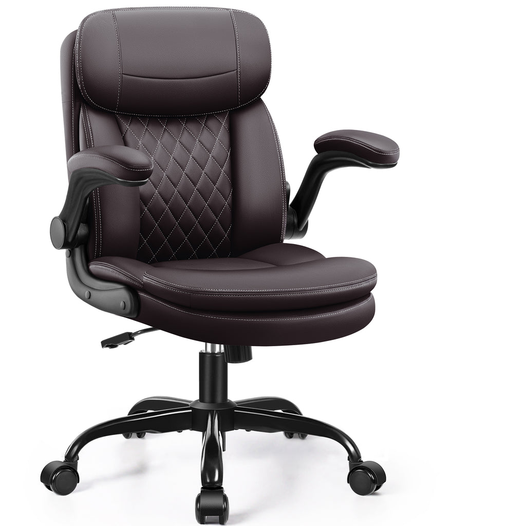 Leather Office Chair, PU Computer Desk Chairs with Upgraded Double-Layer Seat Cushion and Neckrest, 360°Swivel, Ergonomic Small Gaming Chair with Wheels and Adjustable Armrests, Dark Brown