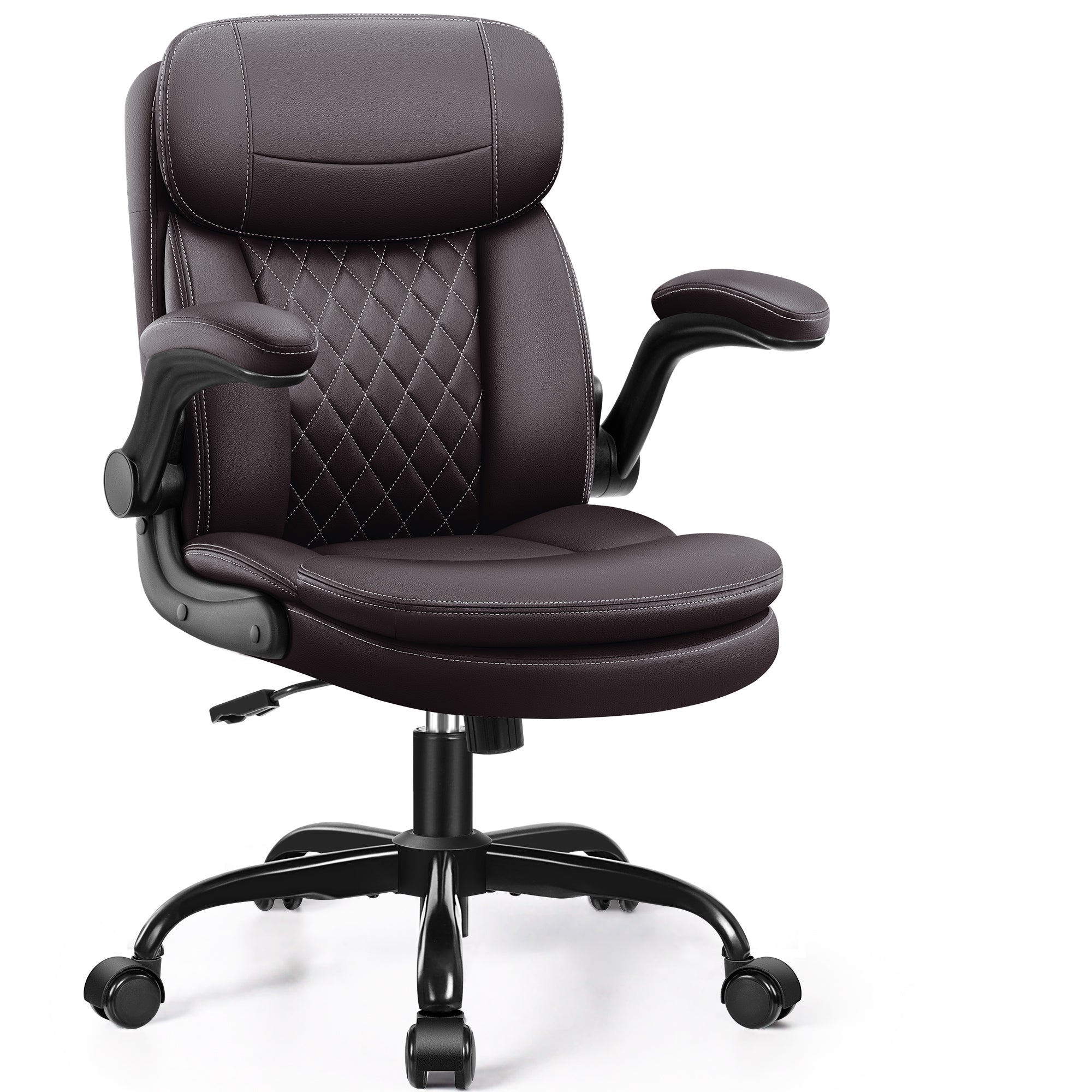 Leather Office Chair, PU Computer Desk Chairs with Upgraded Double-Layer Seat Cushion and Neckrest, 360°Swivel, Ergonomic Small Gaming Chair with Wheels and Adjustable Armrests, Dark Brown