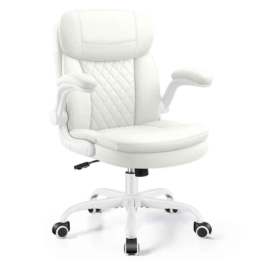 Leather Office Chair, PU Computer Desk Chairs with Upgraded Double-Layer Seat Cushion and Neckrest, 360°Swivel, Ergonomic Small Gaming Chair with Wheels and Adjustable Armrests for Short People, White
