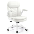 Leather Office Chair, PU Computer Desk Chairs with Upgraded Double-Layer Seat Cushion and Neckrest, 360°Swivel, Ergonomic Small Gaming Chair with Wheels and Adjustable Armrests for Short People, White