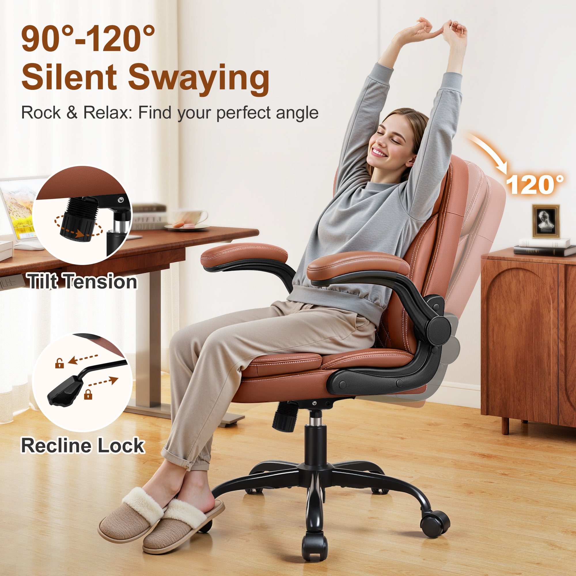 Leather Office Chair, Upgraded Double-Layer Seat Cushion and Neckrest PU Computer Desk Chairs, 360°Swivel, Ergonomic Small Gaming Chair with Wheels and Adjustable Armrests for Short People, Brown