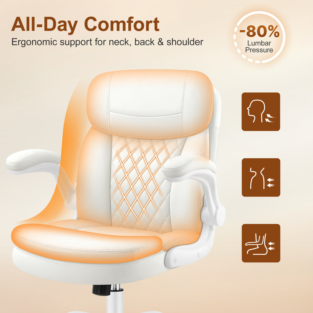 Leather Office Chair, PU Computer Desk Chairs with Upgraded Double-Layer Seat Cushion and Neckrest, 360°Swivel, Ergonomic Small Gaming Chair with Wheels and Adjustable Armrests for Short People, White