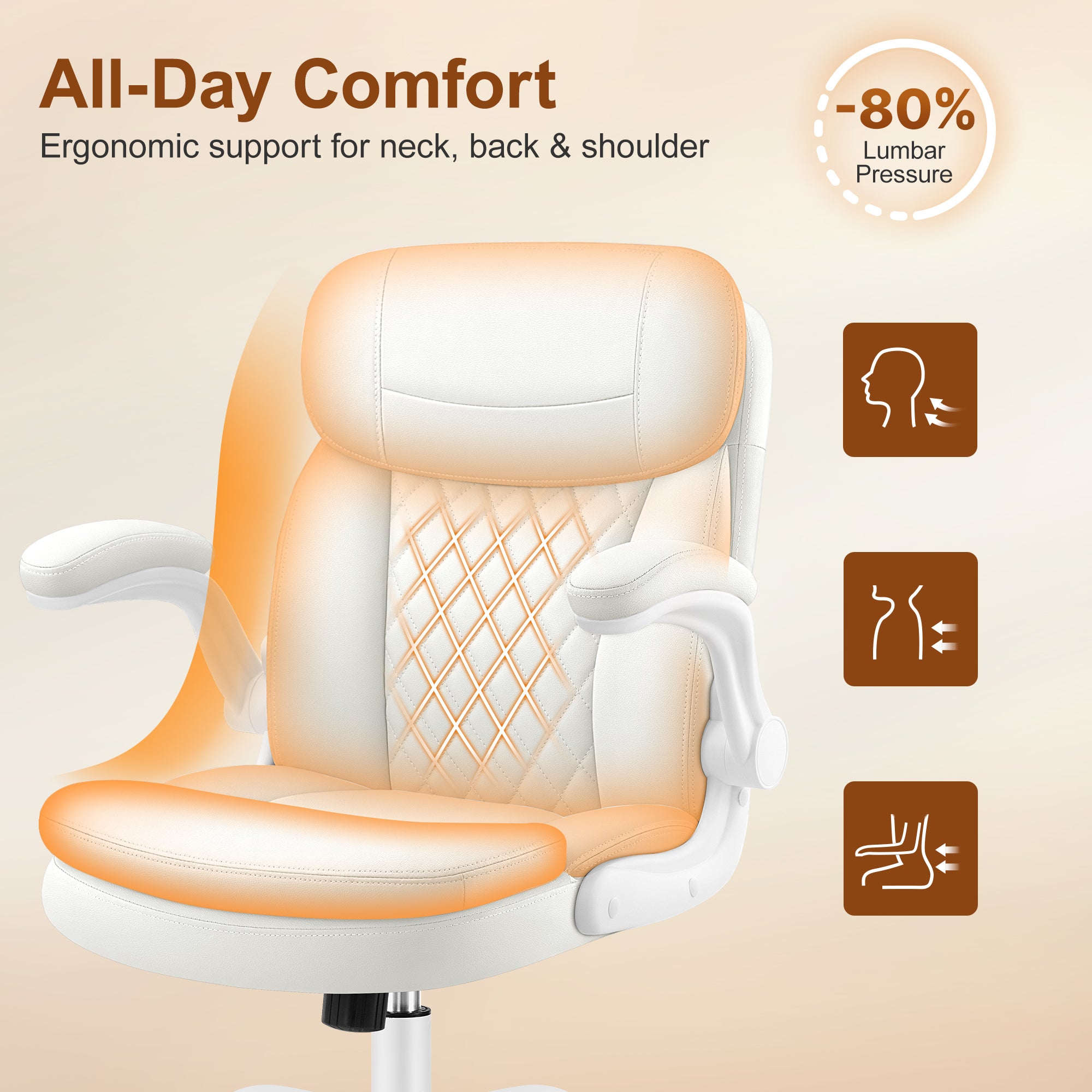 Leather Office Chair, PU Computer Desk Chairs with Upgraded Double-Layer Seat Cushion and Neckrest, 360°Swivel, Ergonomic Small Gaming Chair with Wheels and Adjustable Armrests for Short People, White