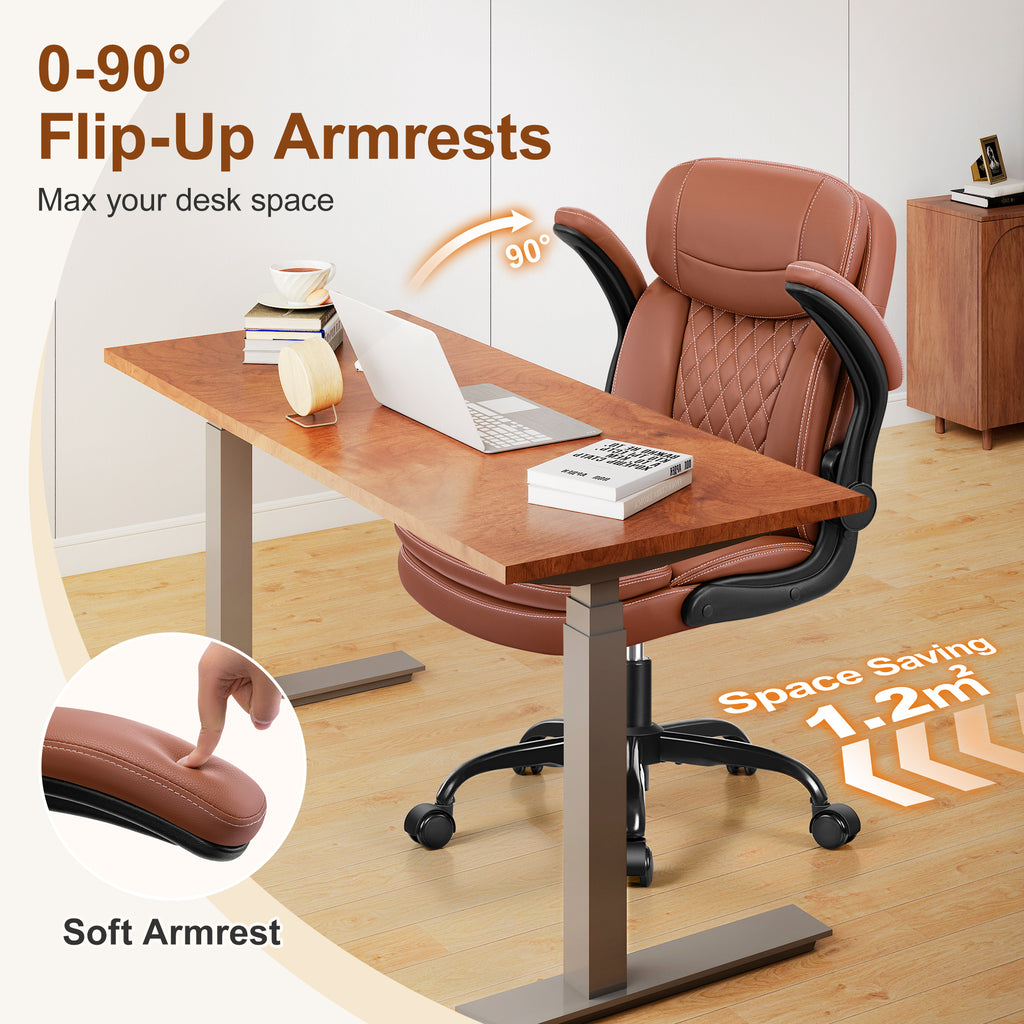 Leather Office Chair, Upgraded Double-Layer Seat Cushion and Neckrest PU Computer Desk Chairs, 360°Swivel, Ergonomic Small Gaming Chair with Wheels and Adjustable Armrests for Short People, Brown