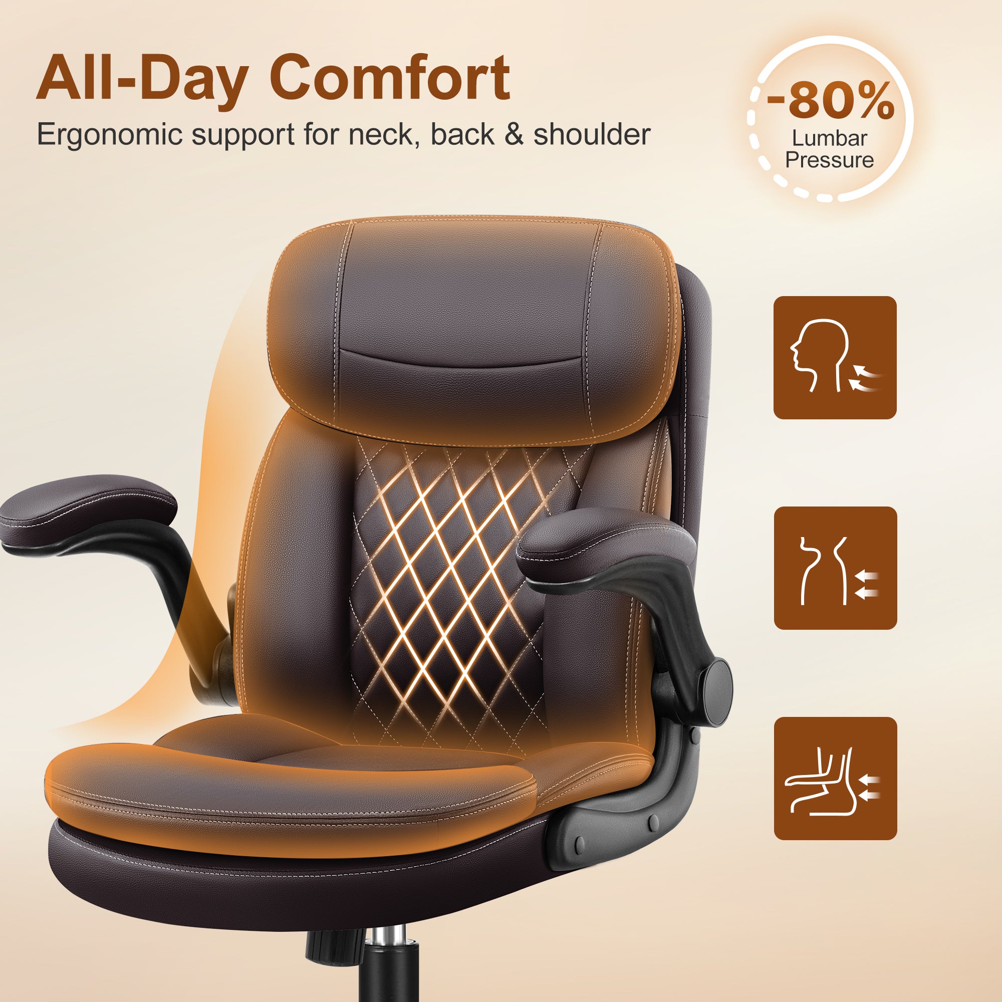 Leather Office Chair, PU Computer Desk Chairs with Upgraded Double-Layer Seat Cushion and Neckrest, 360°Swivel, Ergonomic Small Gaming Chair with Wheels and Adjustable Armrests, Dark Brown