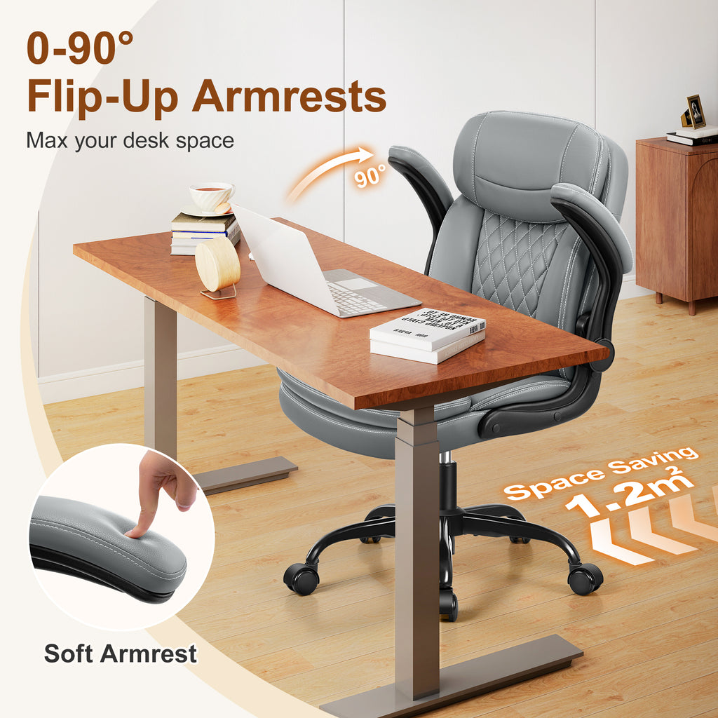 Leather Office Chair, Upgraded PU Computer Desk Chairs with Double-Layer Seat Cushion and Neckrest, 360°Swivel, Ergonomic Small Gaming Chair with Wheels and Adjustable Armrests for Short People, Grey