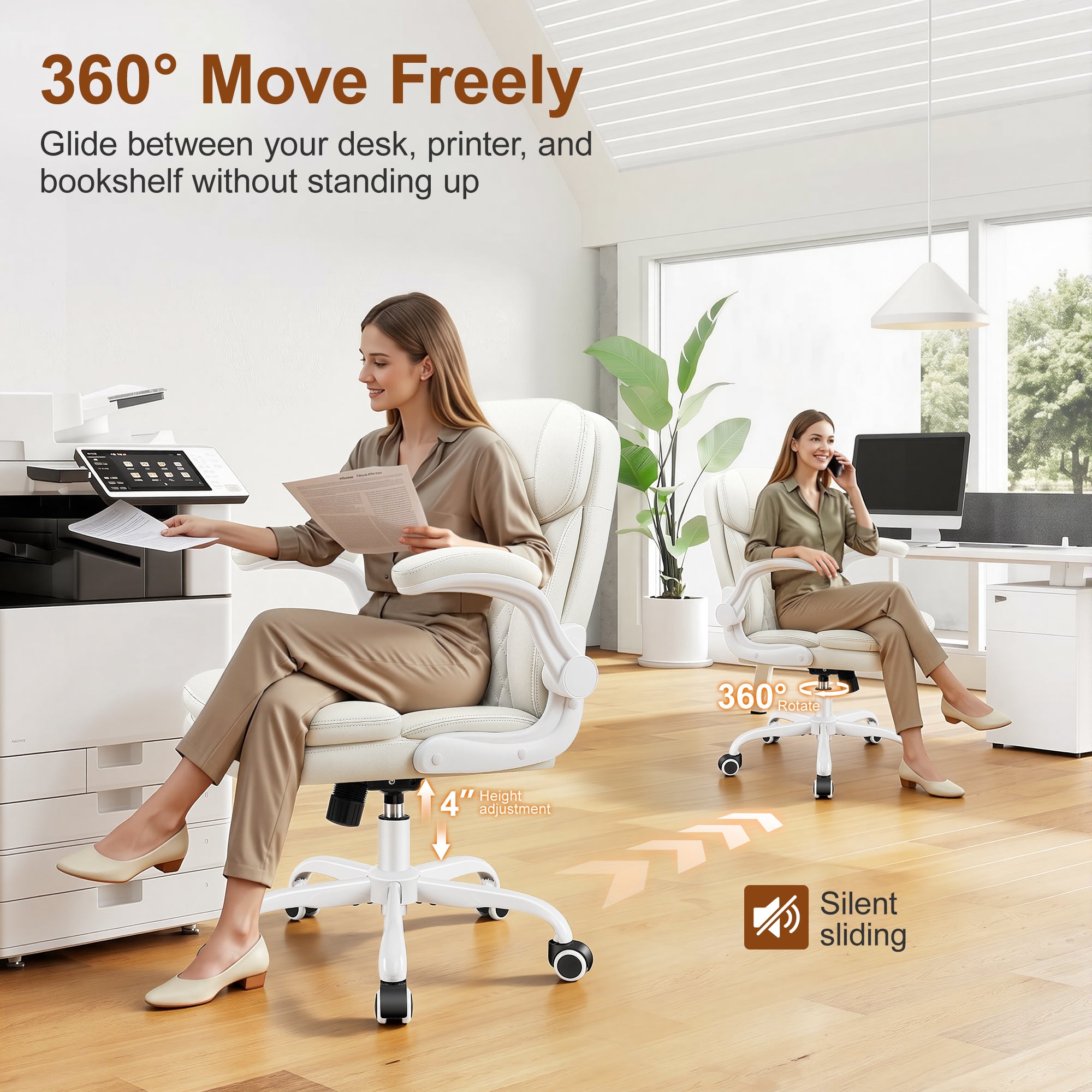 Leather Office Chair, PU Computer Desk Chairs with Upgraded Double-Layer Seat Cushion and Neckrest, 360°Swivel, Ergonomic Small Gaming Chair with Wheels and Adjustable Armrests for Short People, White