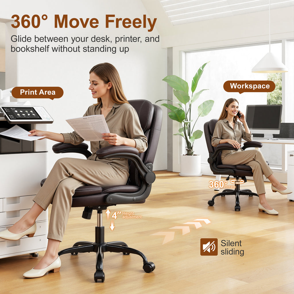 Leather Office Chair, PU Computer Desk Chairs with Upgraded Double-Layer Seat Cushion and Neckrest, 360°Swivel, Ergonomic Small Gaming Chair with Wheels and Adjustable Armrests, Dark Brown