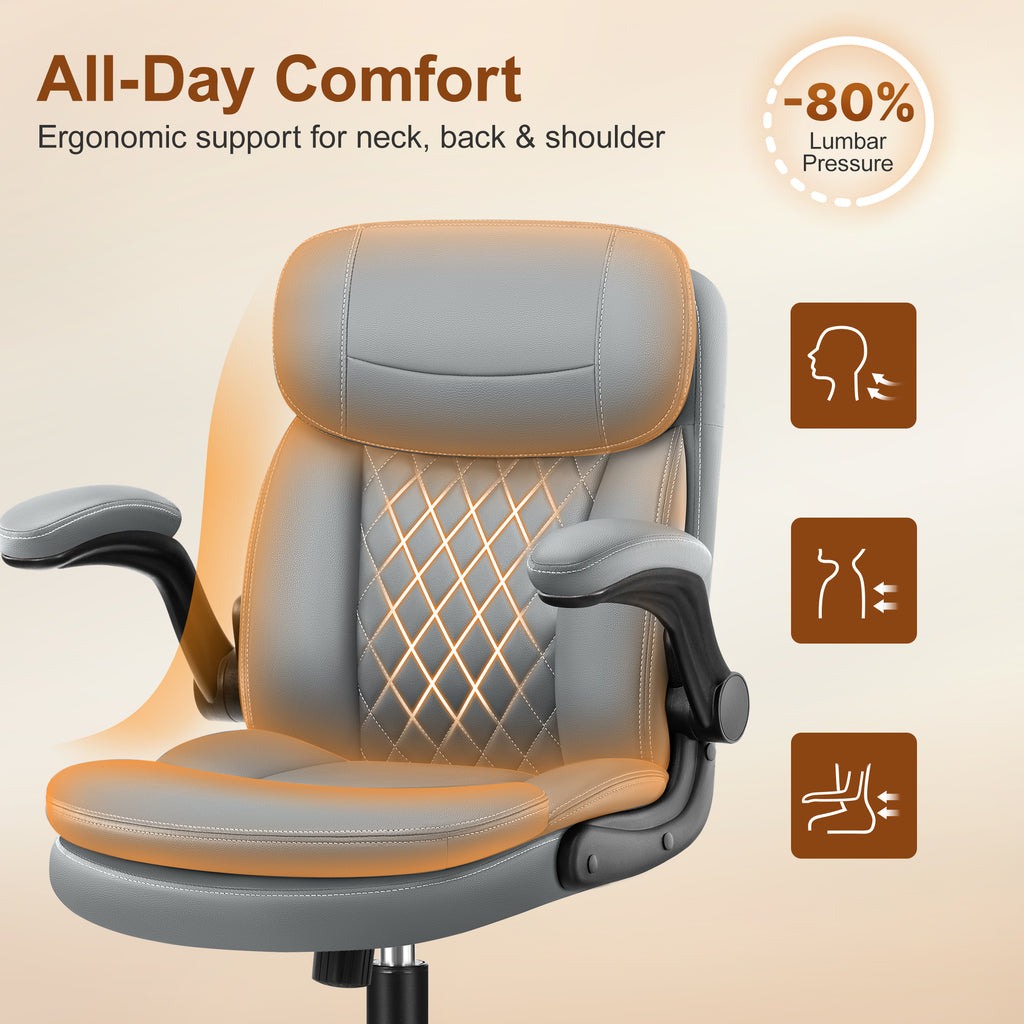 Leather Office Chair, Upgraded PU Computer Desk Chairs with Double-Layer Seat Cushion and Neckrest, 360°Swivel, Ergonomic Small Gaming Chair with Wheels and Adjustable Armrests for Short People, Grey