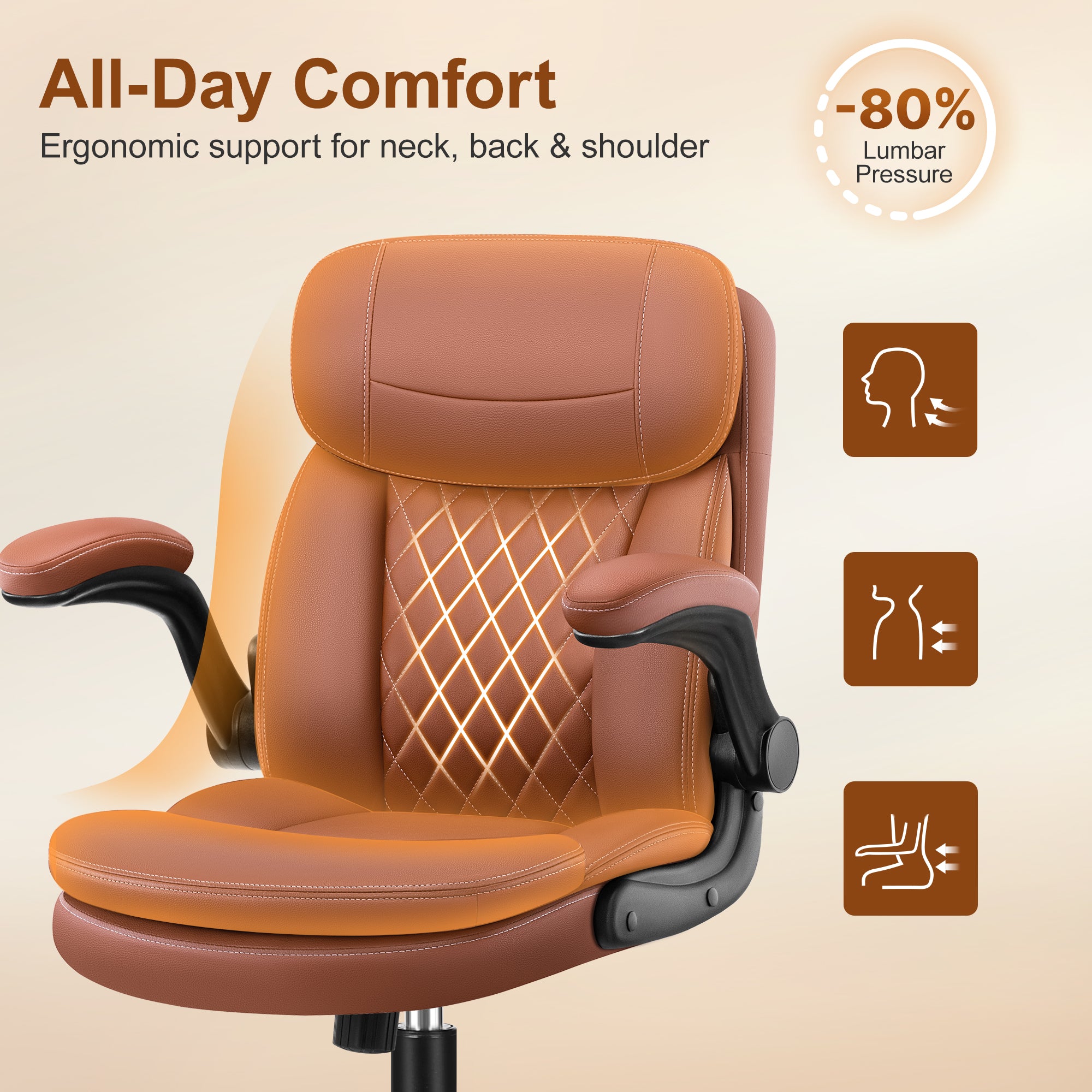 Leather Office Chair, Upgraded Double-Layer Seat Cushion and Neckrest PU Computer Desk Chairs, 360°Swivel, Ergonomic Small Gaming Chair with Wheels and Adjustable Armrests for Short People, Brown