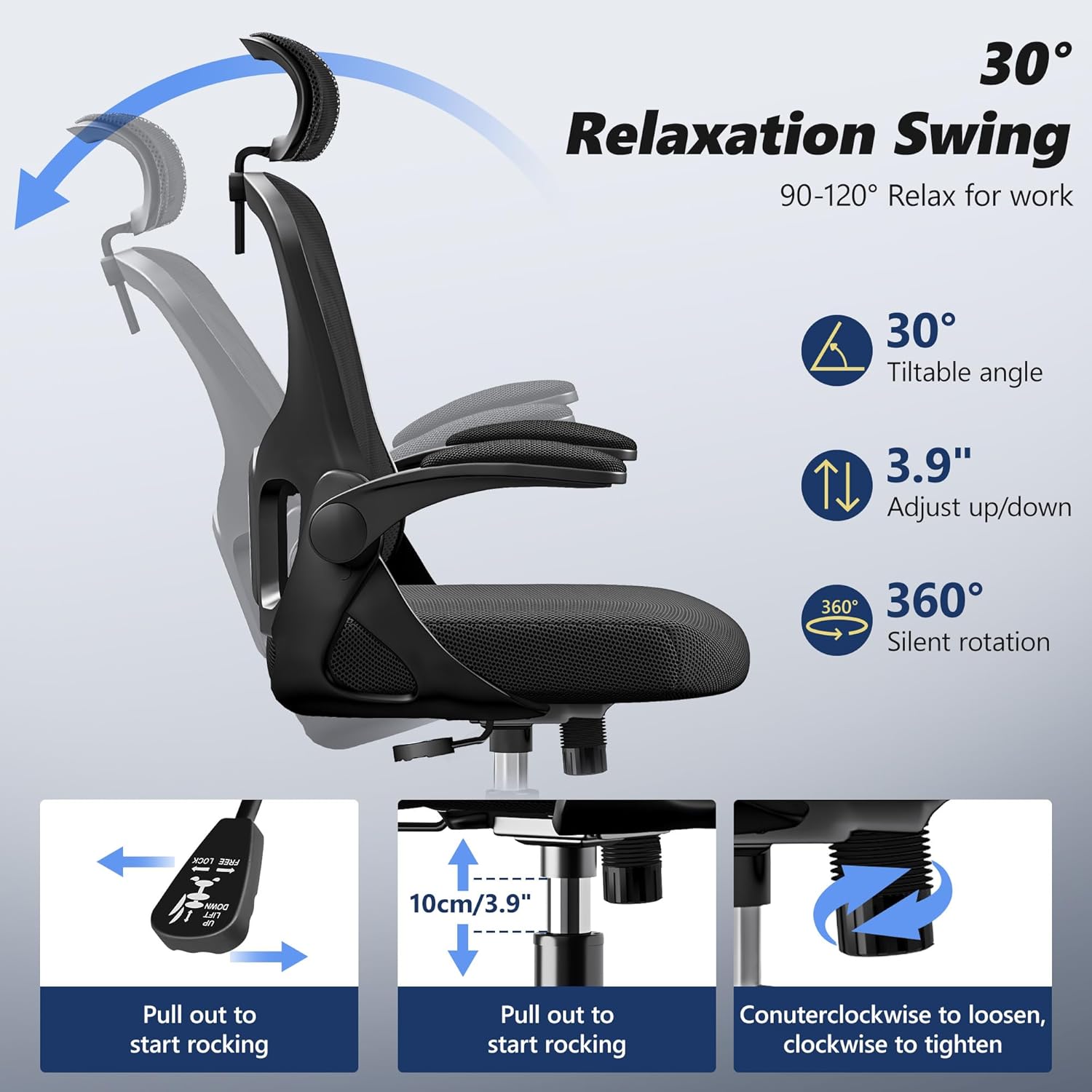 Ergonomic Office Chair, High Back Desk Chair with Flip-up Arms, 300 LBS Mesh Computer Chair with Adjustable Headrest & Lumbar Support, Comfy Gaming Chair for Adults, Home Office Desk Chairs