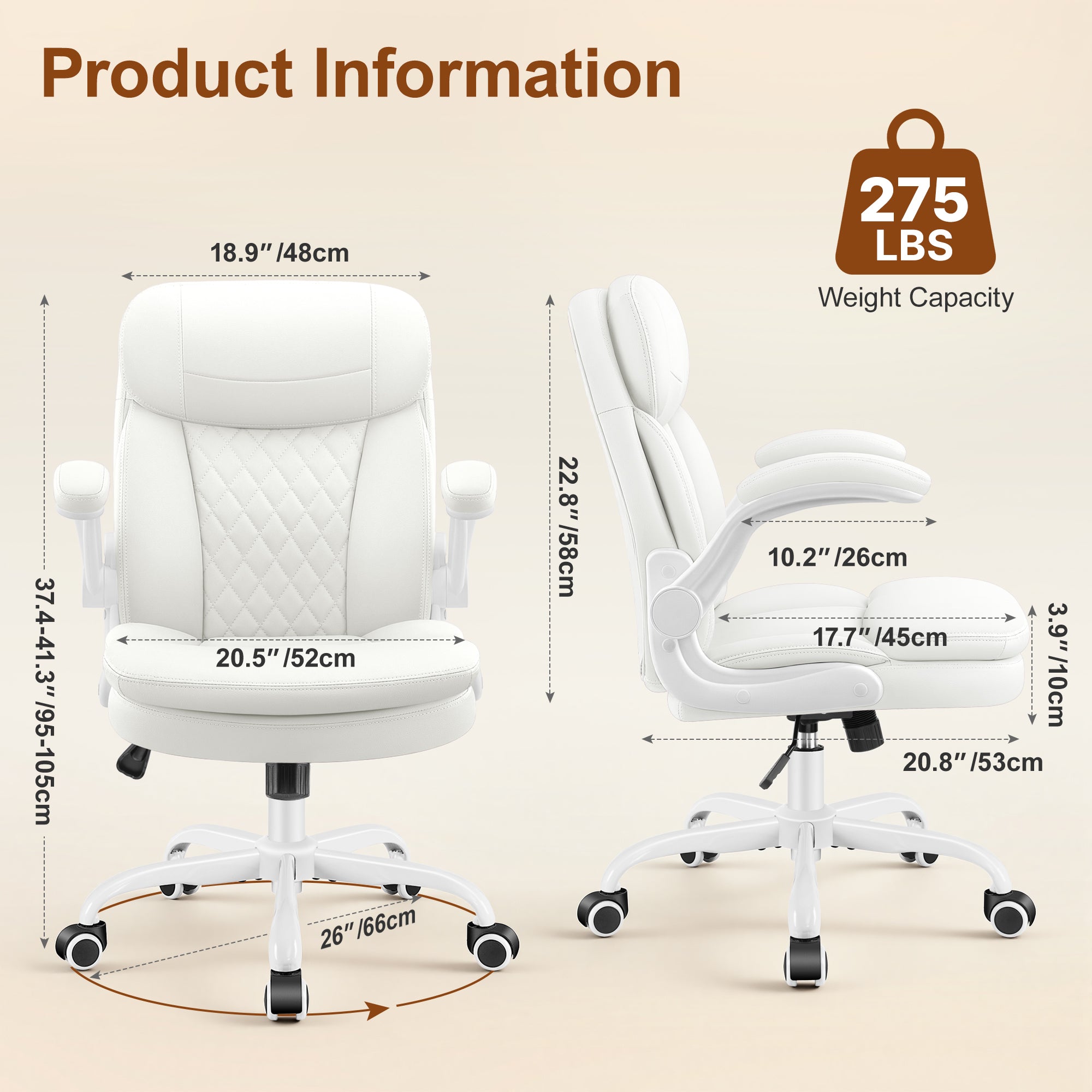 Leather Office Chair, PU Computer Desk Chairs with Upgraded Double-Layer Seat Cushion and Neckrest, 360°Swivel, Ergonomic Small Gaming Chair with Wheels and Adjustable Armrests for Short People, White