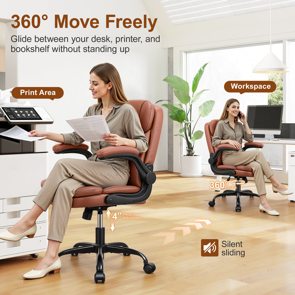 Leather Office Chair, Upgraded Double-Layer Seat Cushion and Neckrest PU Computer Desk Chairs, 360°Swivel, Ergonomic Small Gaming Chair with Wheels and Adjustable Armrests for Short People, Brown