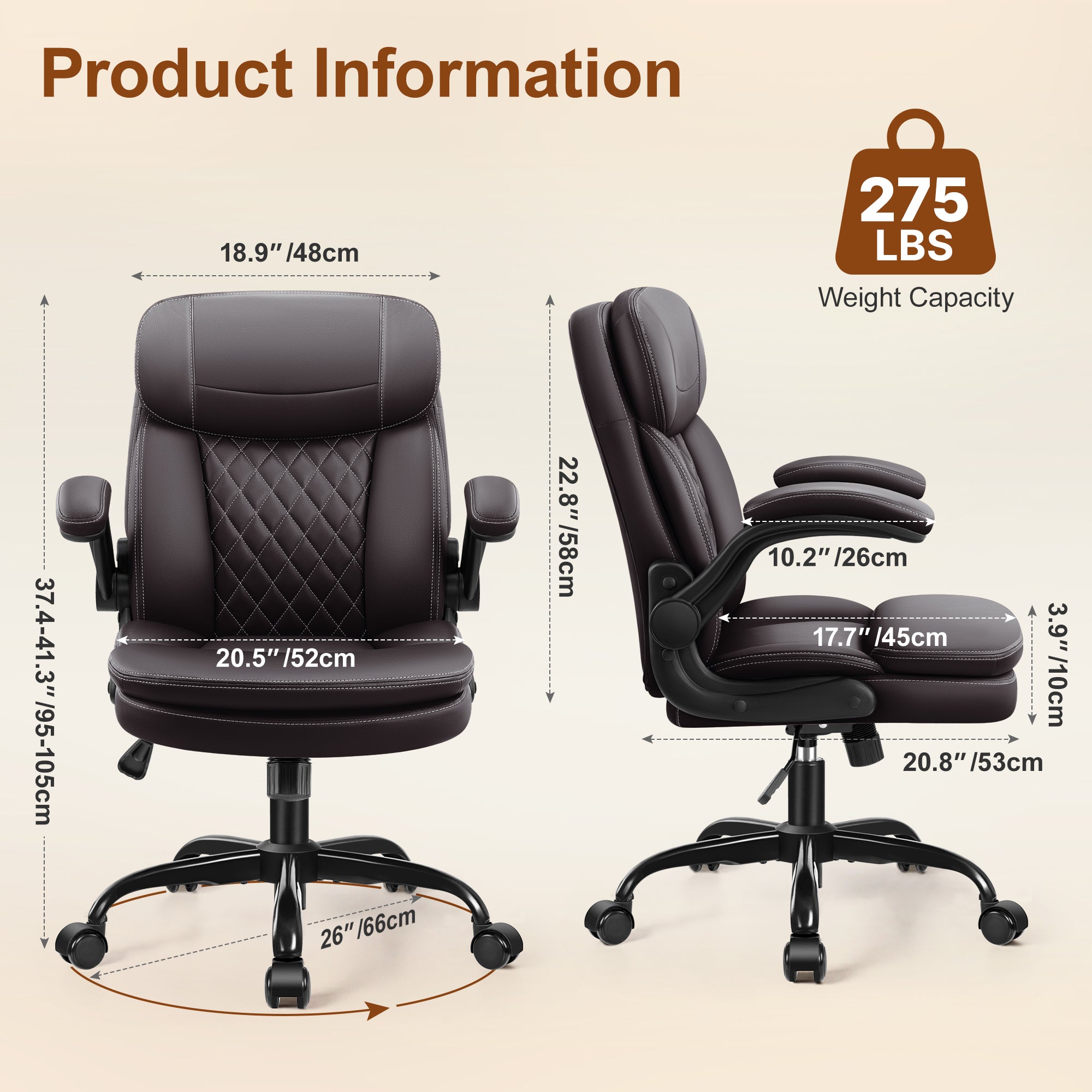 Leather Office Chair, PU Computer Desk Chairs with Upgraded Double-Layer Seat Cushion and Neckrest, 360°Swivel, Ergonomic Small Gaming Chair with Wheels and Adjustable Armrests, Dark Brown
