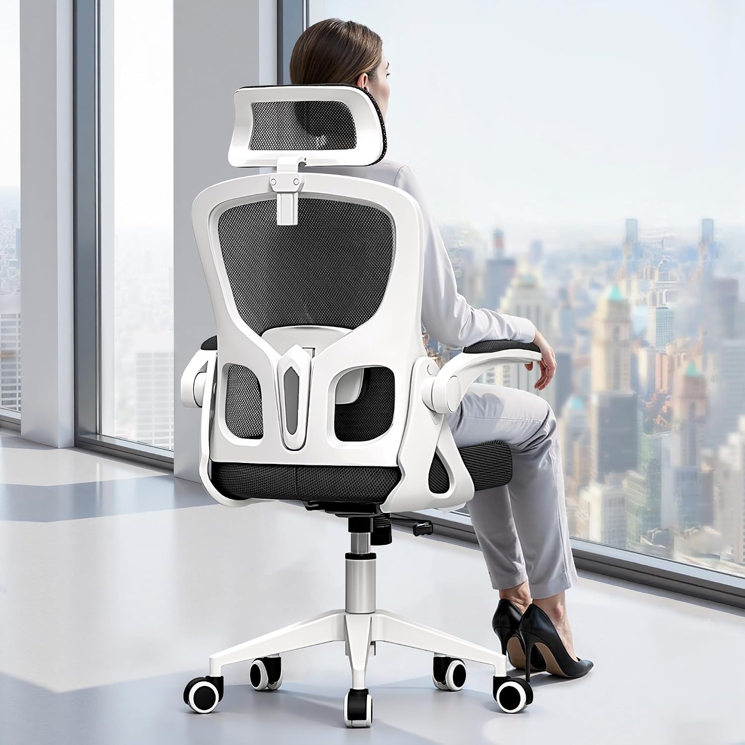 Ergonomic Office Chair, High Back Desk Chair with Flip-up Arms, 300 LBS Mesh Computer Chair with Adjustable Headrest & Lumbar Support, Comfy Gaming Chair for Adults, Home Office Desk Chairs