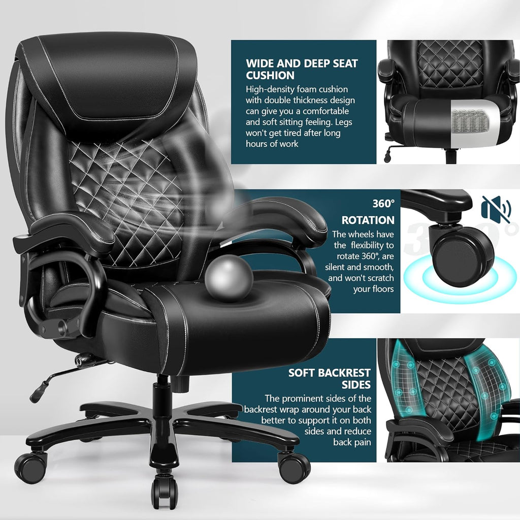 Big and Tall 500lbs Office Chair,Heavy Duty Large PU Leather Executive Desk Chair with Wide Seat, Adjustbale Ergonomic Lumbar Support High Back Rocking Computer Chair for Heavy People